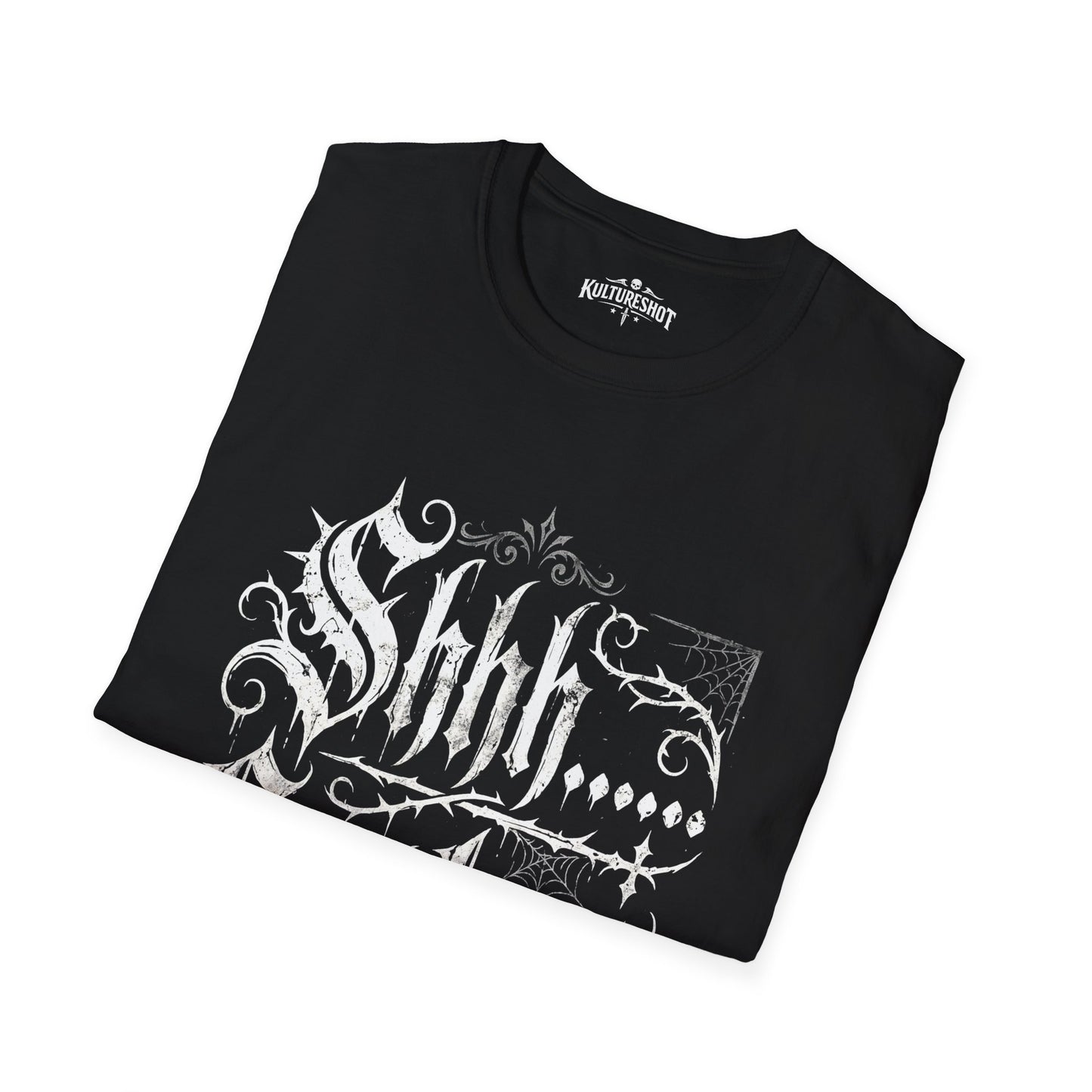 Folded black t-shirt with white graphic design on a white background