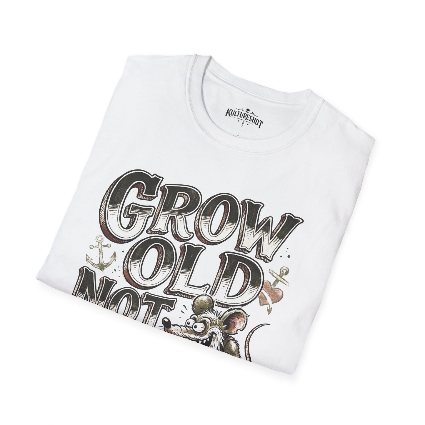 White t-shirt with 'Grow Old Not Up' text and graphic on a white background