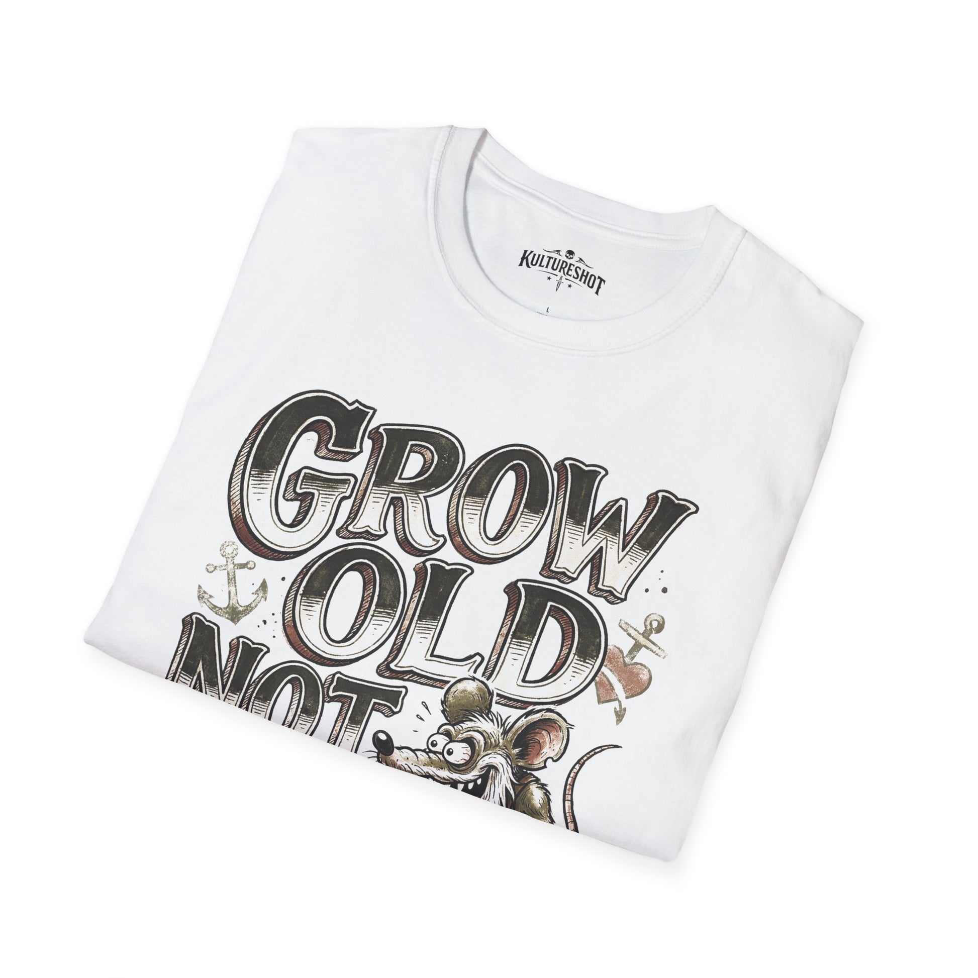 White t-shirt with 'Grow Old Not Up' text and graphic on a white background