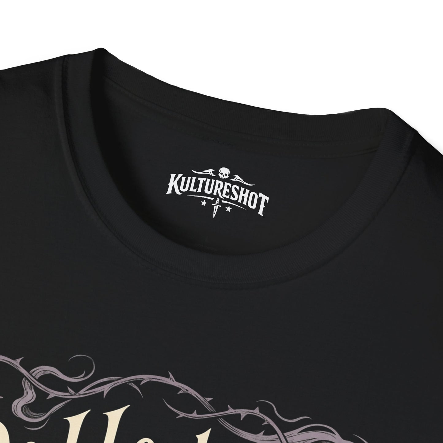 Black t-shirt with 'KultureShot' logo on a white background