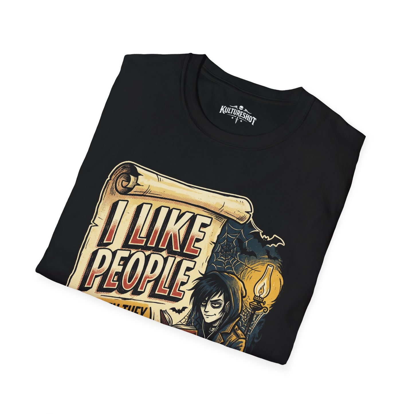 Black t-shirt with 'I Like People' graphic design on a white background