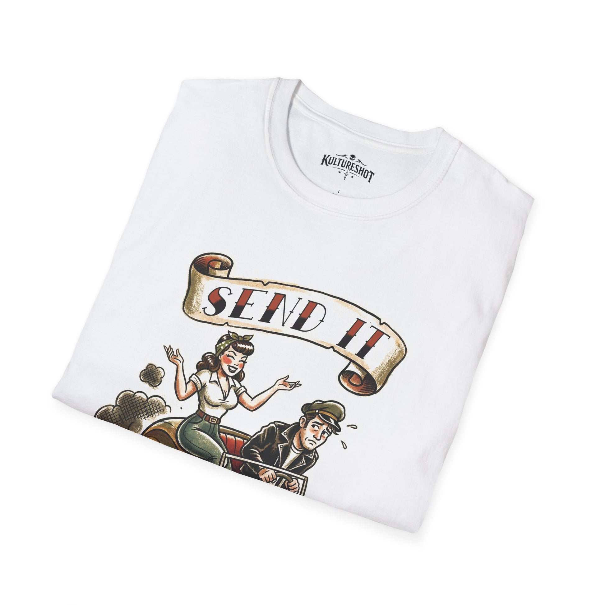 White t-shirt with vintage-style graphic design on a white background