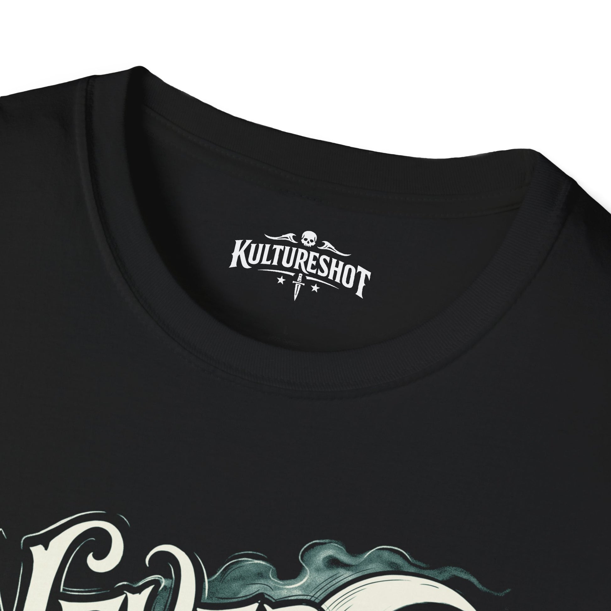 Black t-shirt with 'KultureShot' logo on a white background