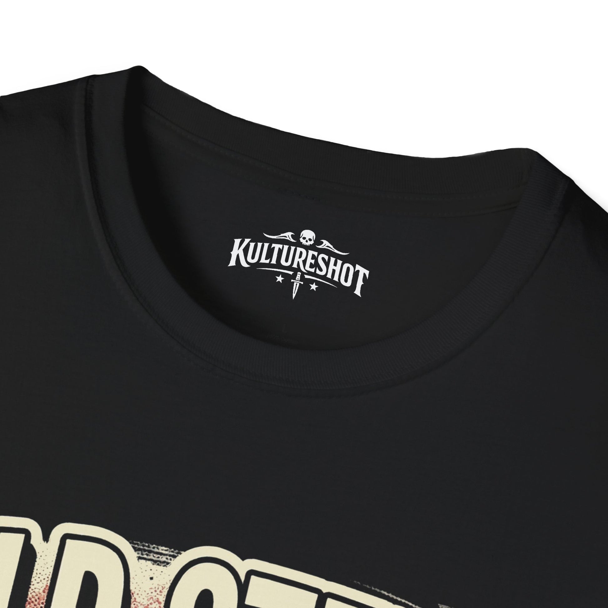 Black t-shirt with 'KultureShot' logo on a white background
