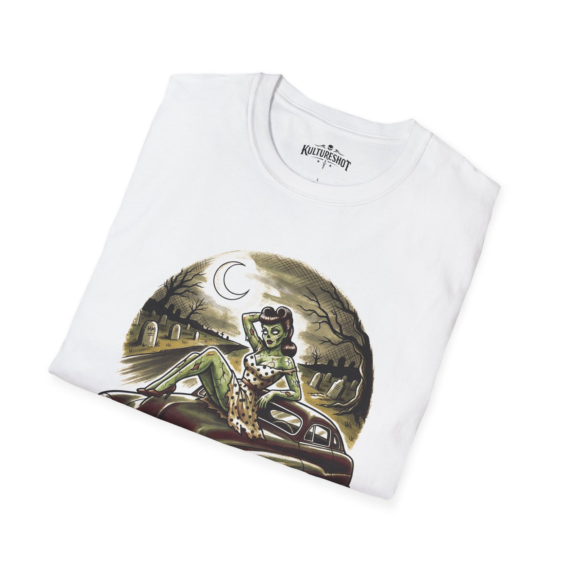 White t-shirt with green and brown graphic design on a white background