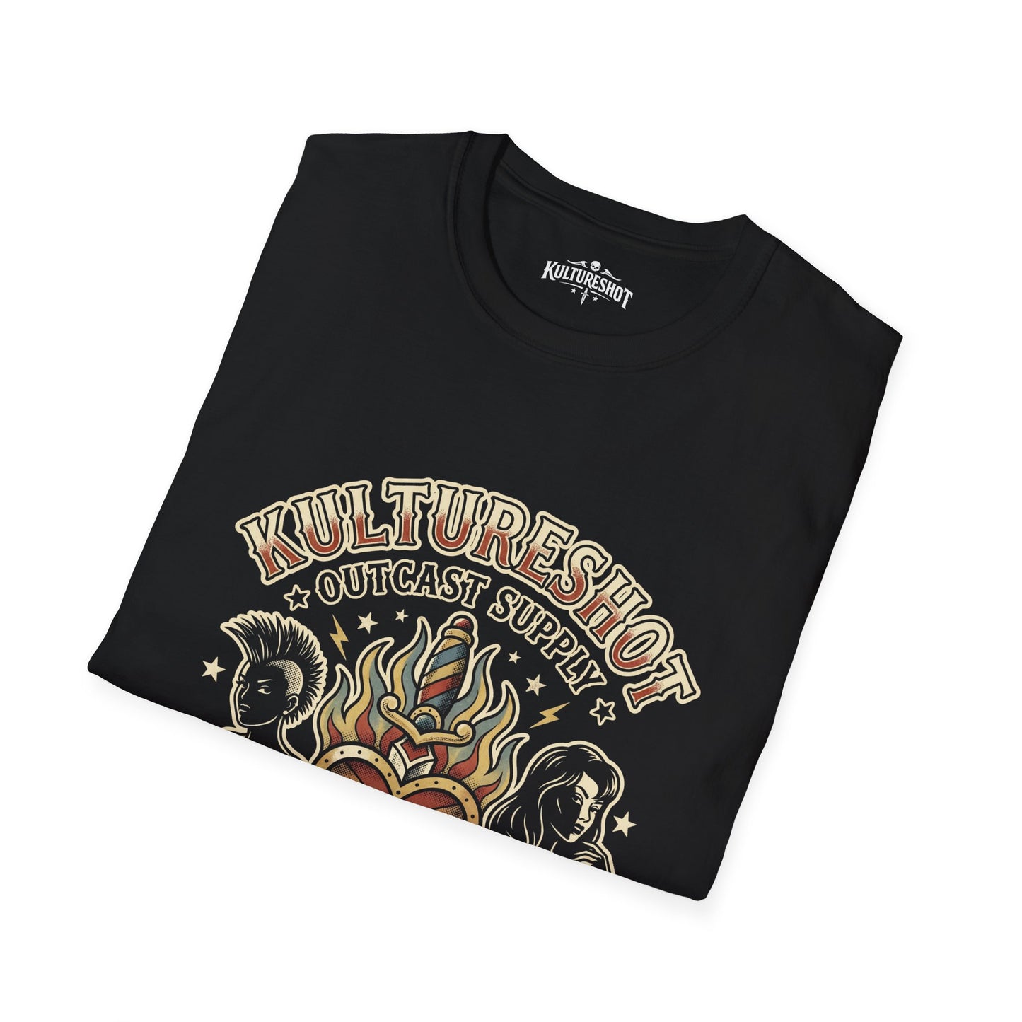 Folded black t-shirt with 'KultureShot' graphic design on a white background