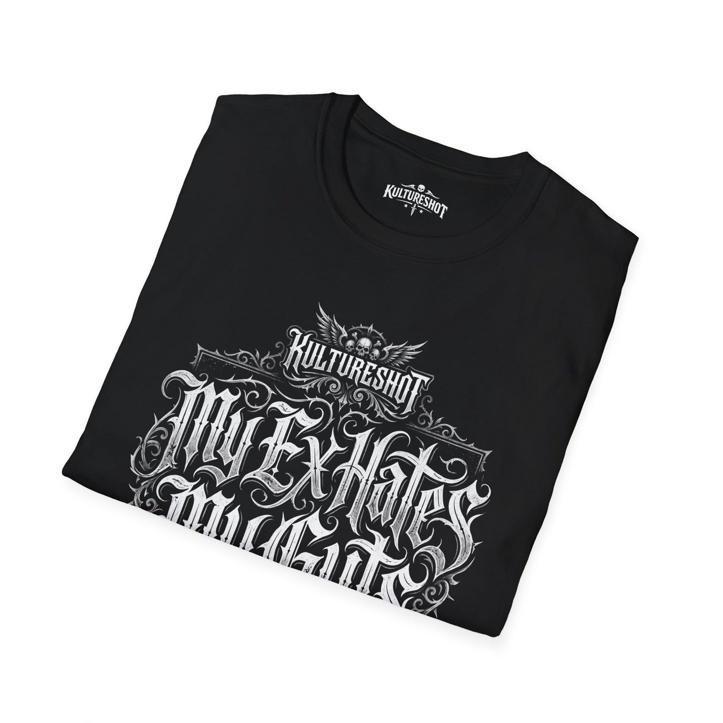 Black t-shirt with a white text design on a white background