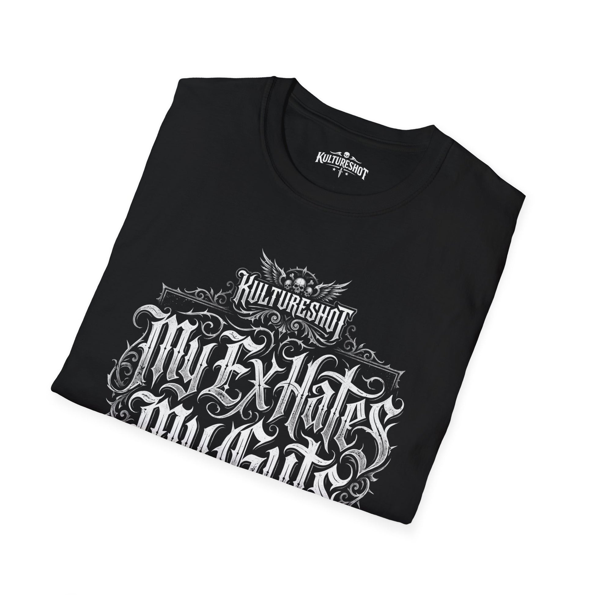 Black t-shirt with a white text design on a white background