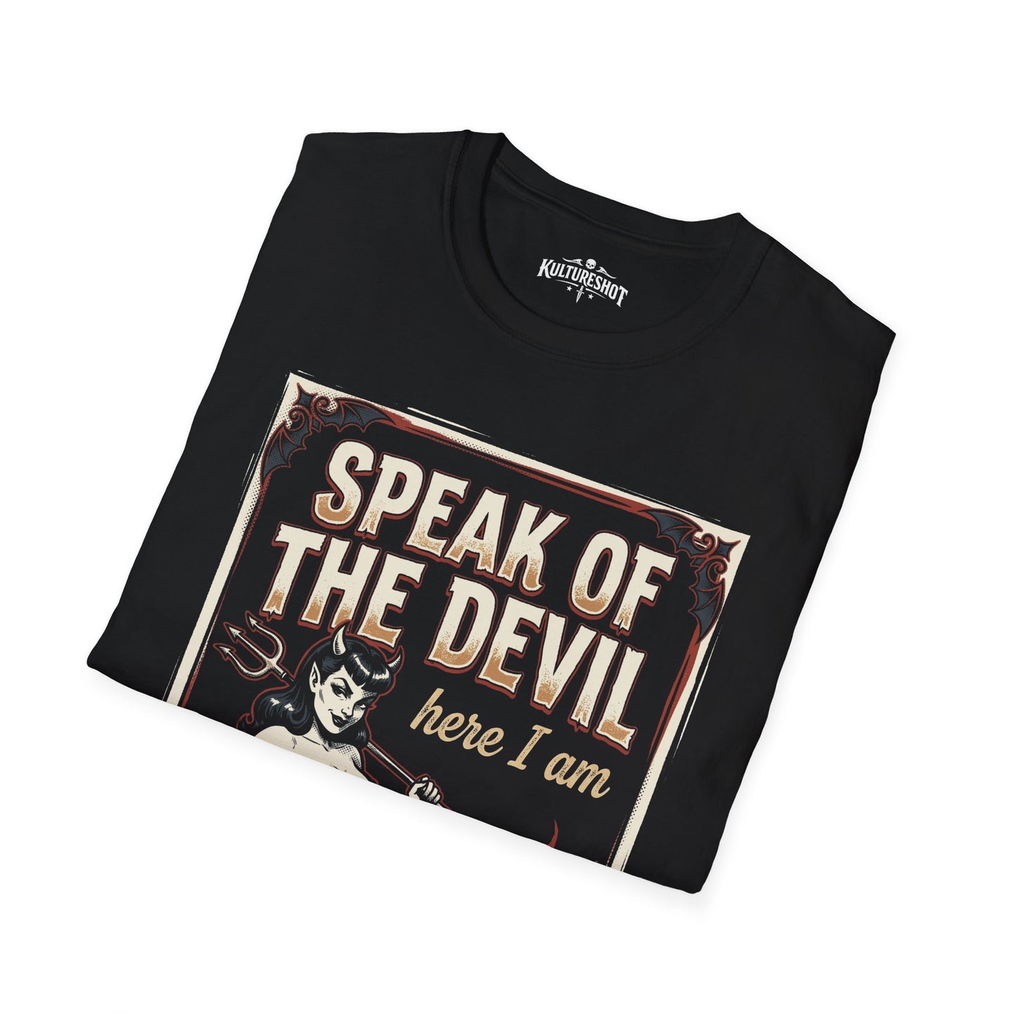 Black t-shirt with graphic design and text on a white background