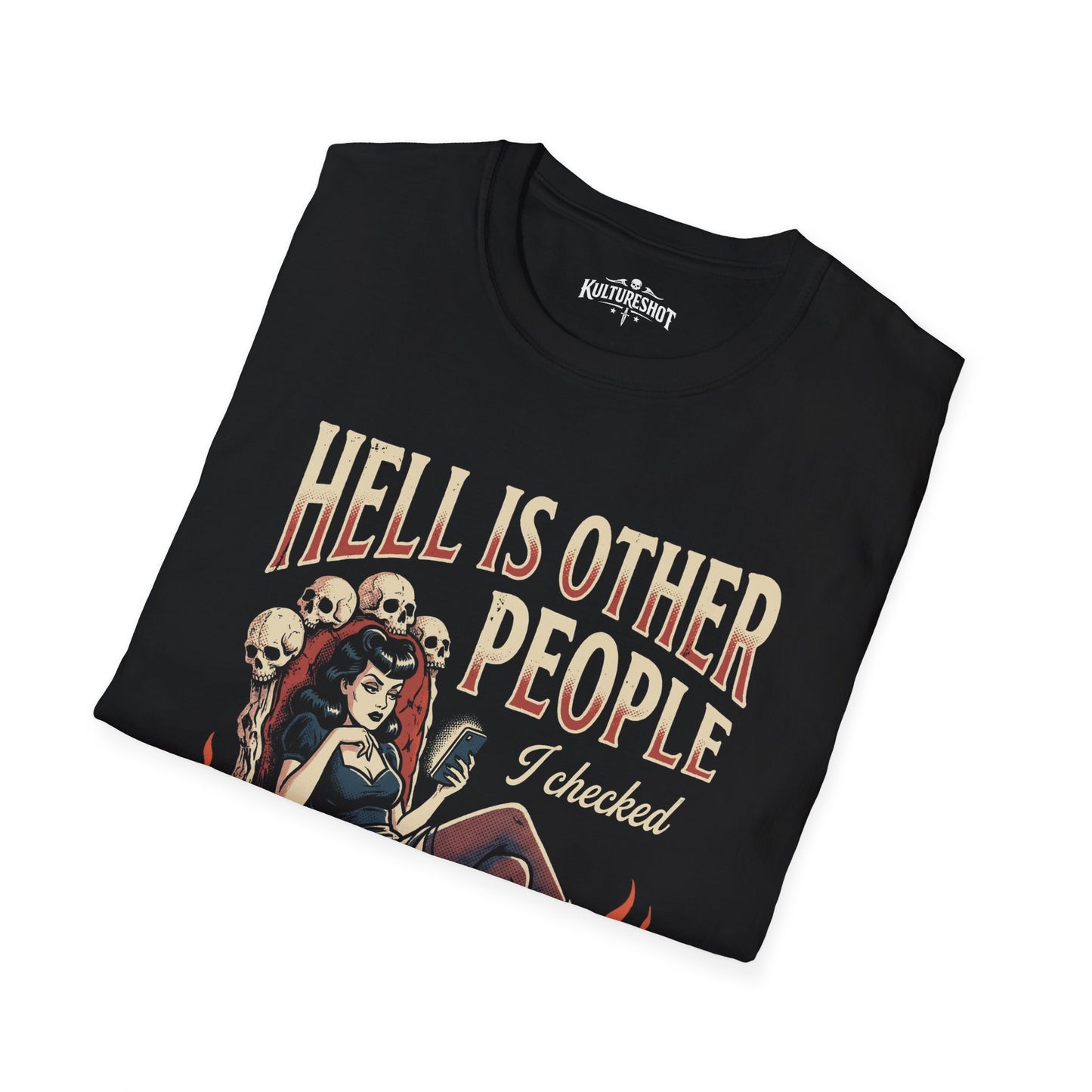 Black t-shirt with graphic design and text on a white background