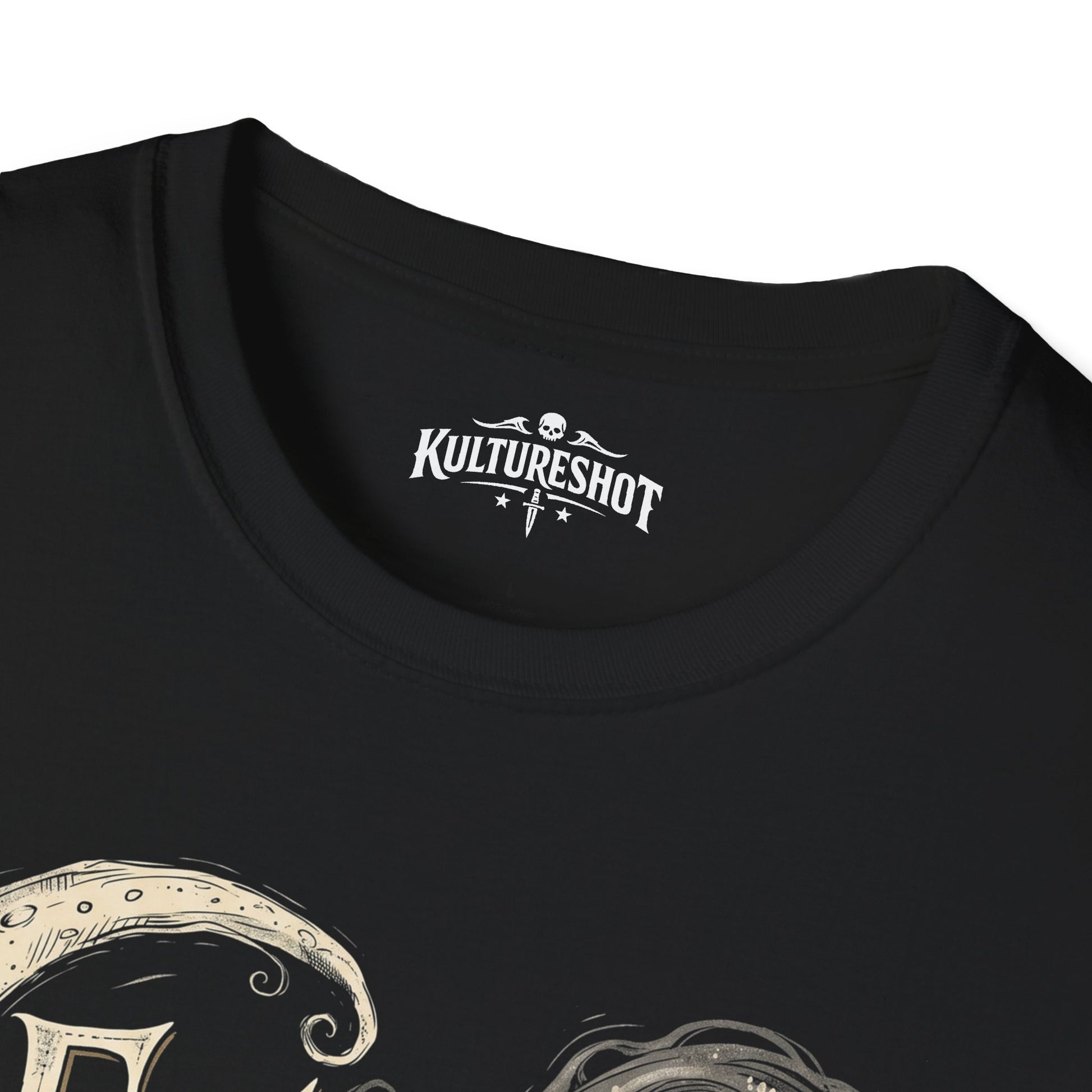 Black t-shirt with 'KultureShot' logo on a white background