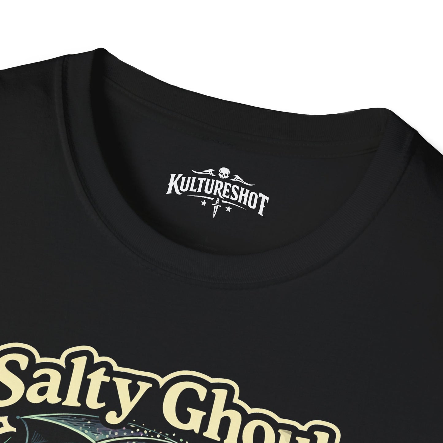 Black t-shirt with 'KultureShot' logo and 'Salty Ghoul' text on a white background