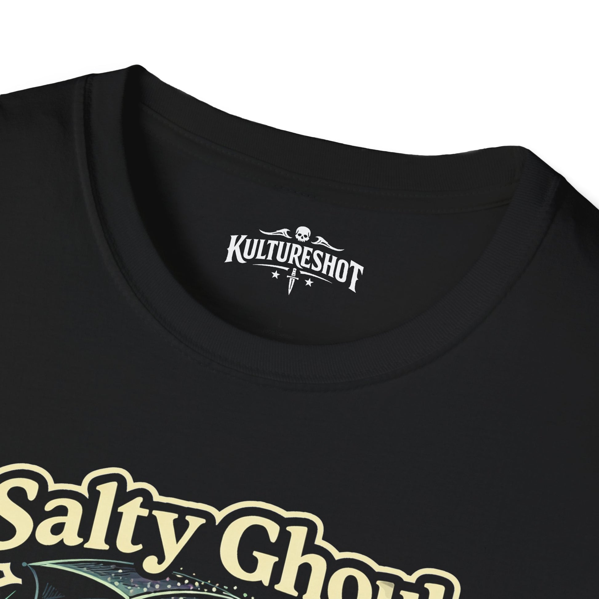 Black t-shirt with 'KultureShot' logo and 'Salty Ghoul' text on a white background