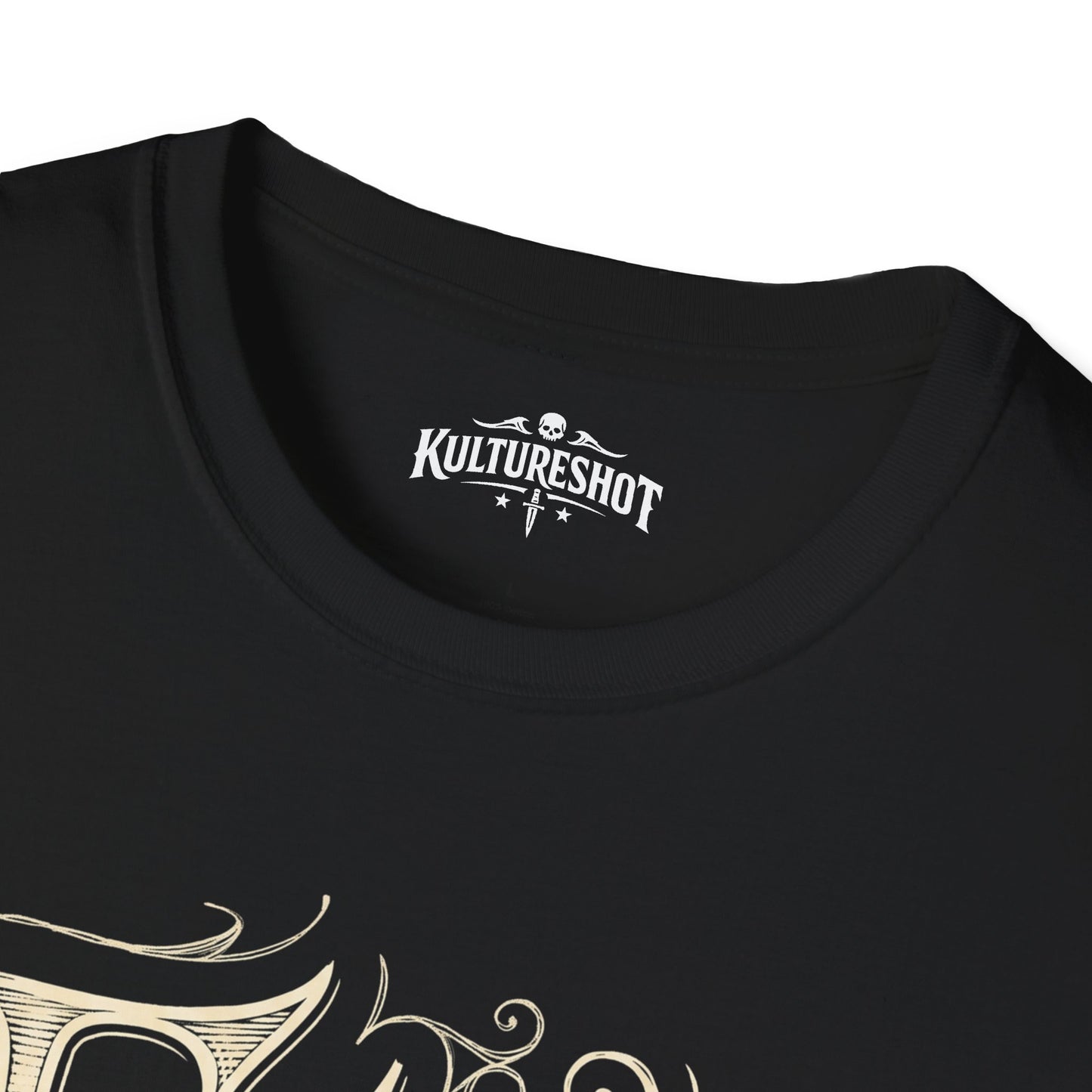 Black t-shirt with 'KultureShot' logo on a white background