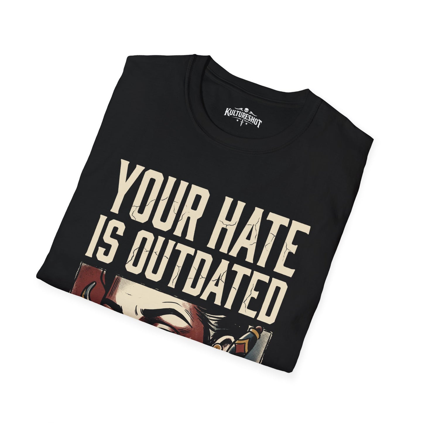 Black t-shirt with 'Your Hate is Outdated' text and graphic design on a white background