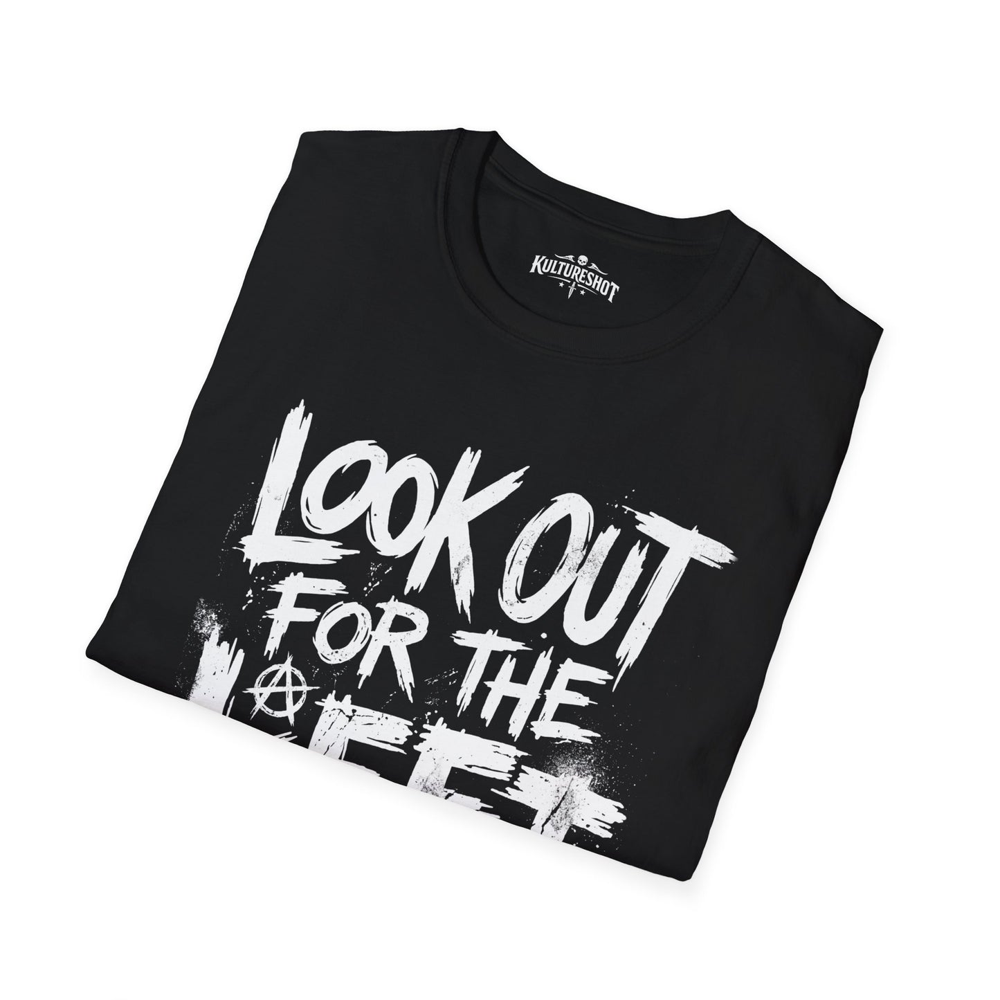 Black t-shirt with white text 'LOOK OUT FOR THE LEFT OUT' on a white background