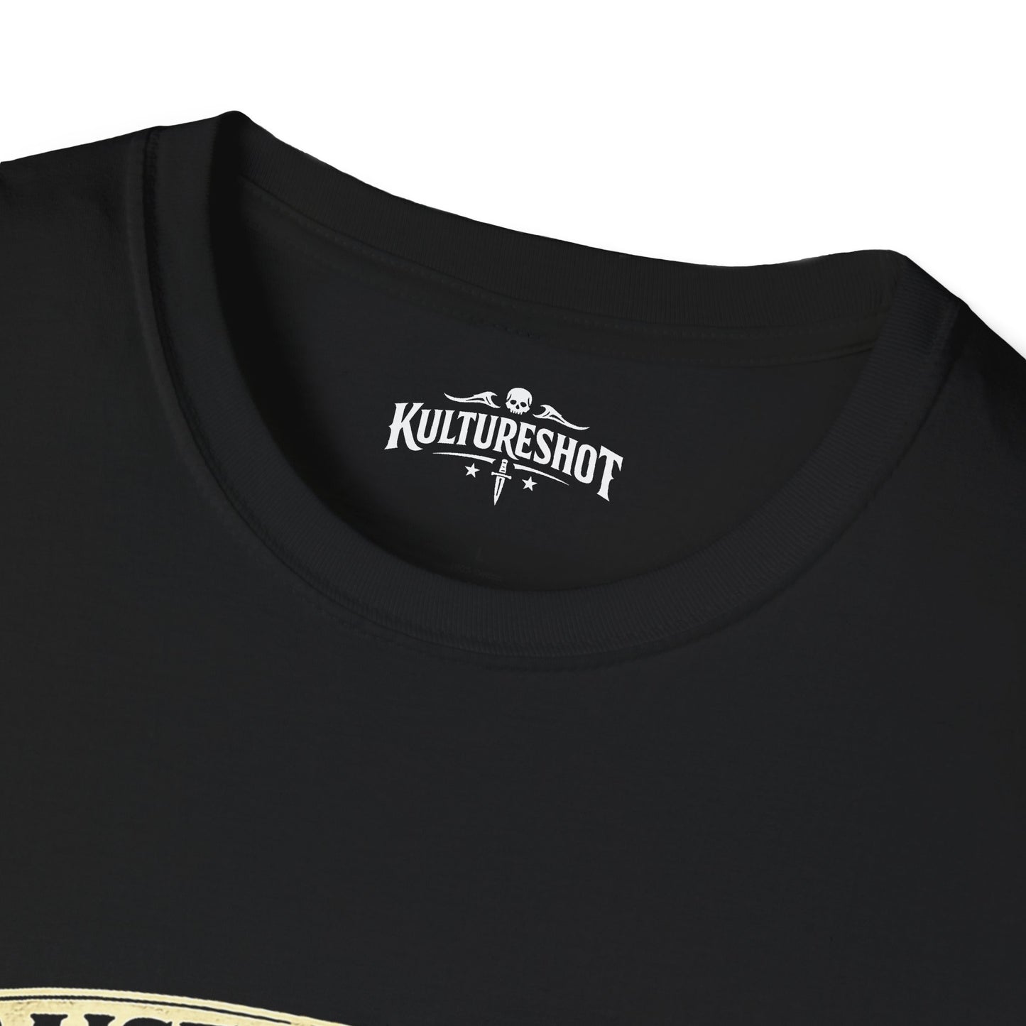 Black t-shirt with 'KultureShot' logo on a white background
