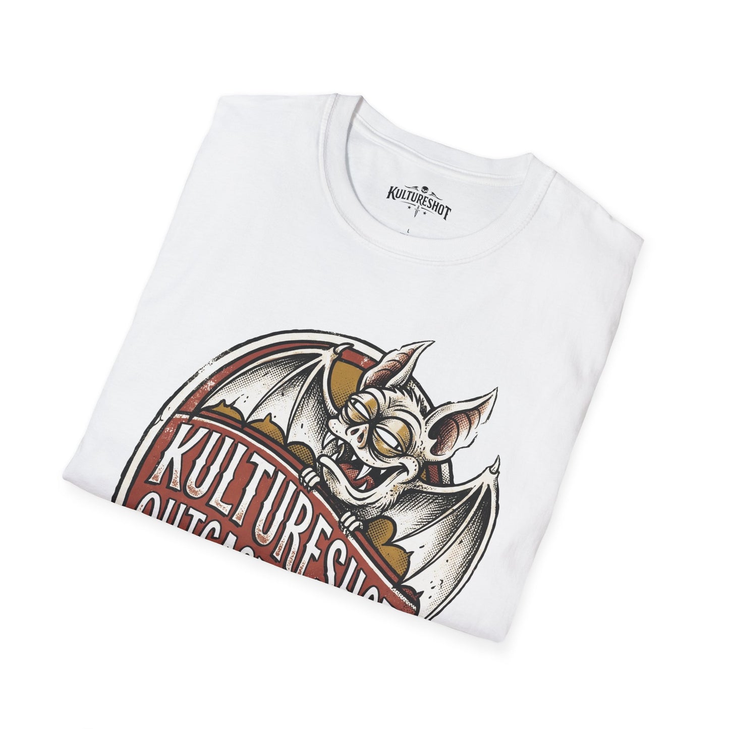 White t-shirt with a graphic design featuring a bat monster and 'Kultureshot' text on a white background