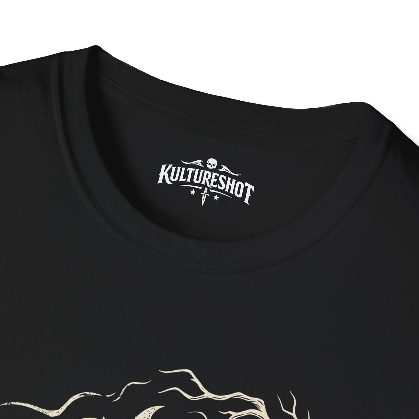 Black t-shirt with 'kultureshot' logo and white background
