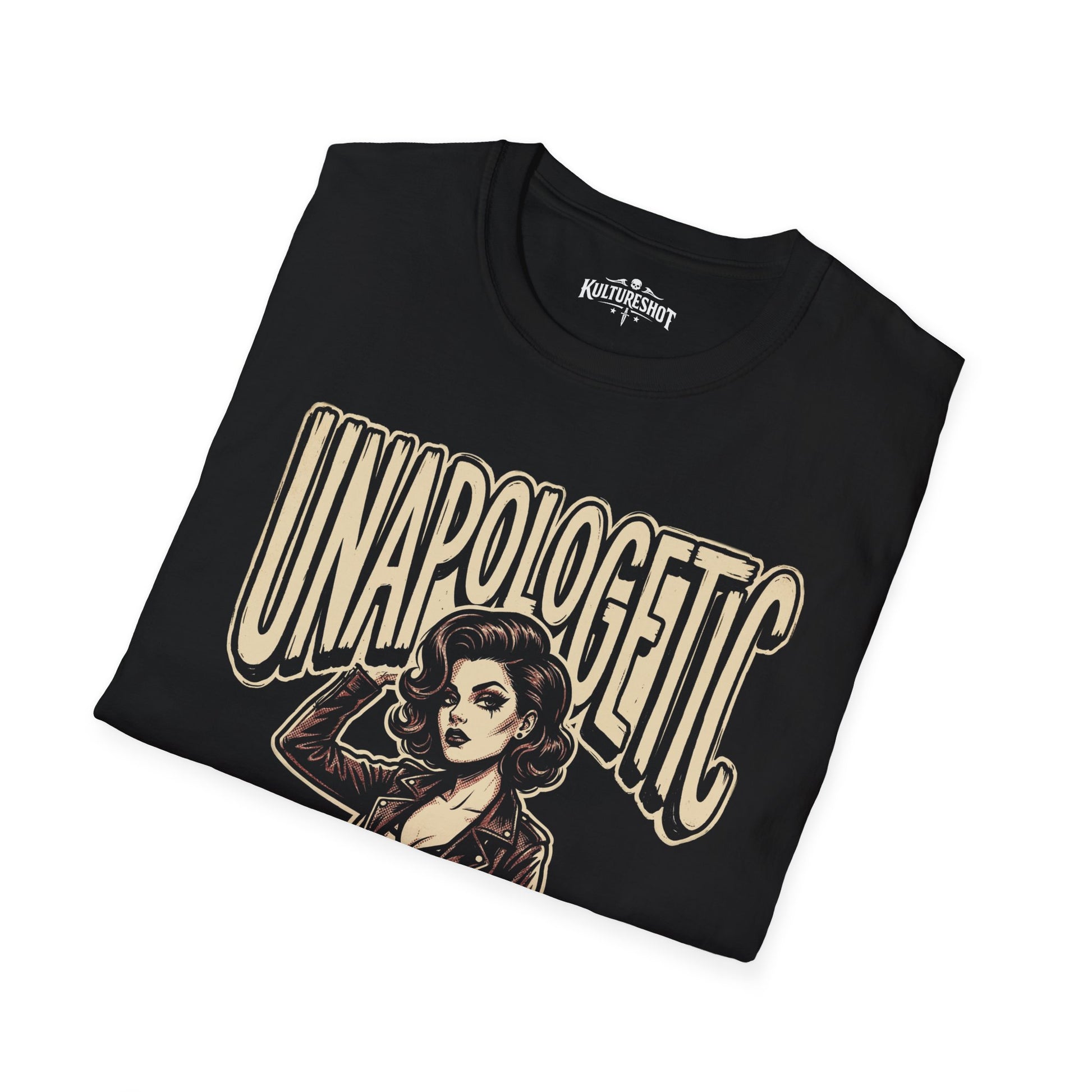 Black t-shirt with 'Unapologetic' text on a white background