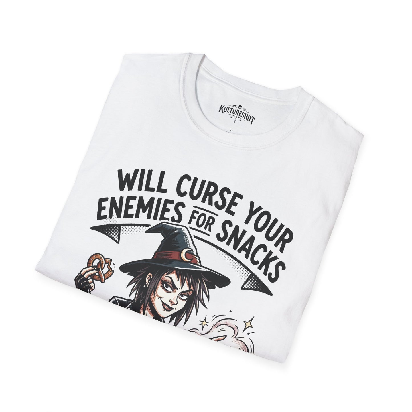 White t-shirt with a witch graphic and text on a white background