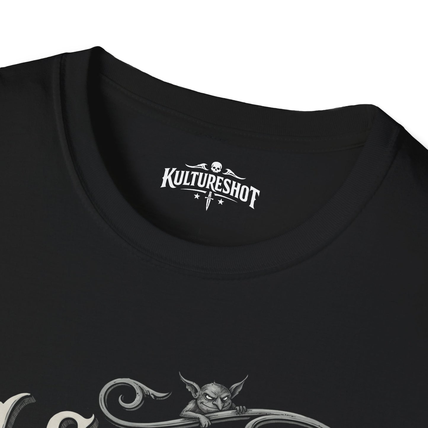Close-up of a black t-shirt with white text on a white background