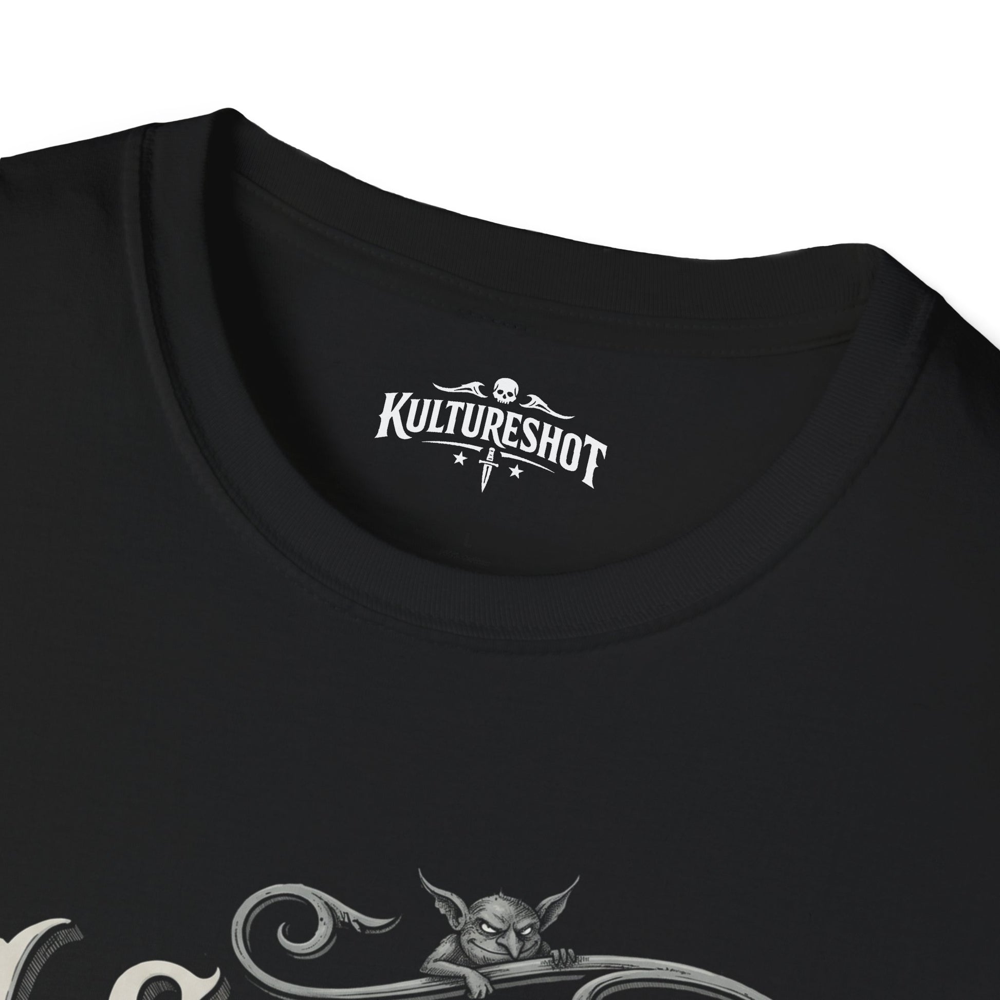 Close-up of a black t-shirt with white text on a white background