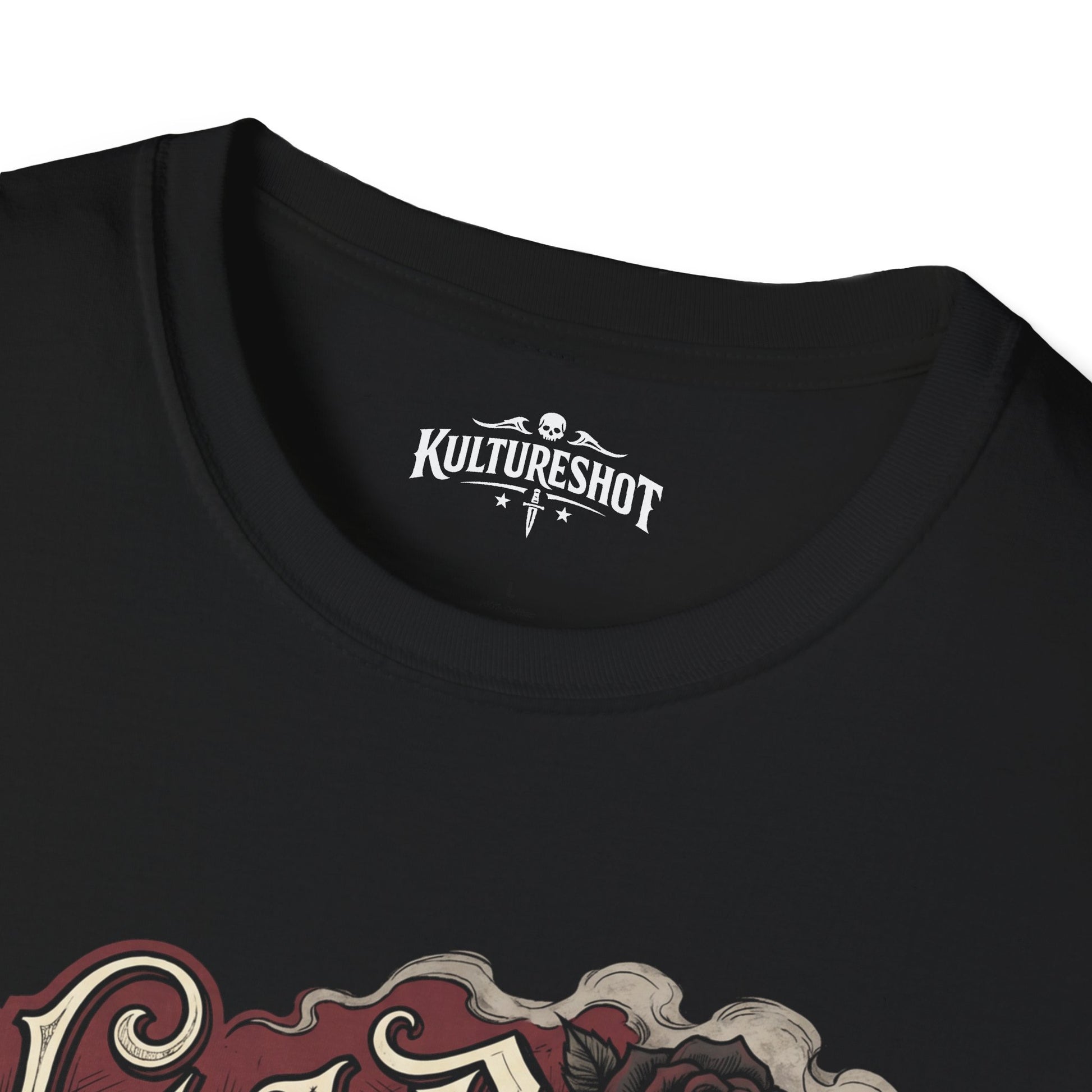Close-up of a black t-shirt with a logo on the collar and white text.