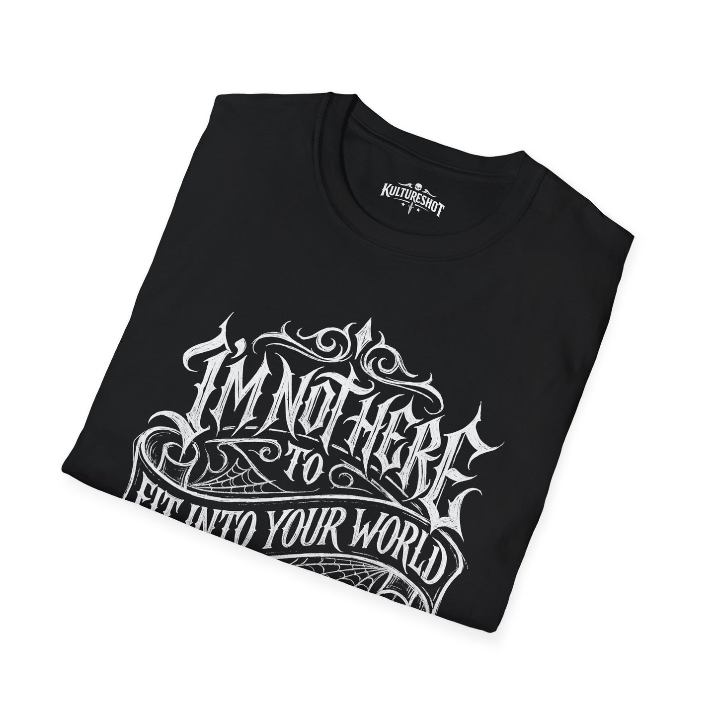 Folded black t-shirt with motivational text and graphic on a white background