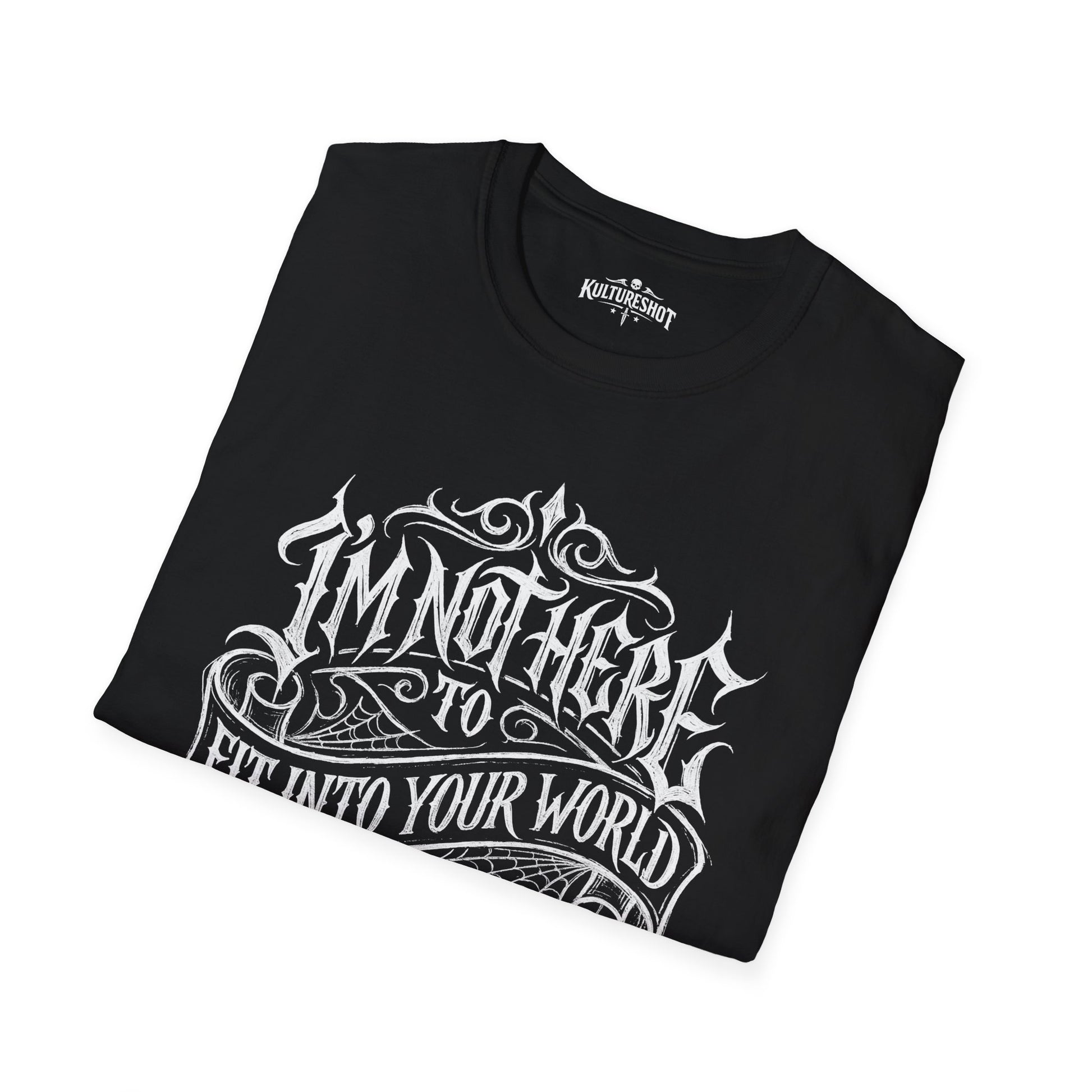 Folded black t-shirt with motivational text and graphic on a white background
