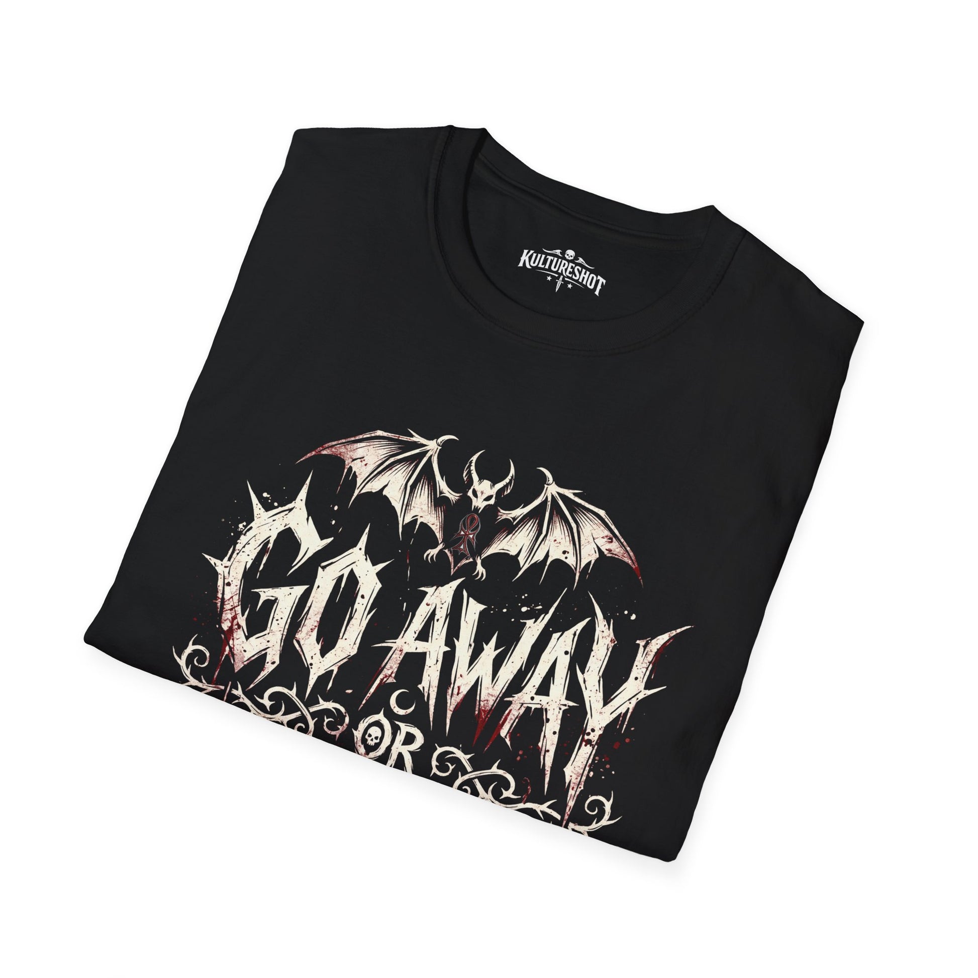 Black t-shirt with go away text on a white background