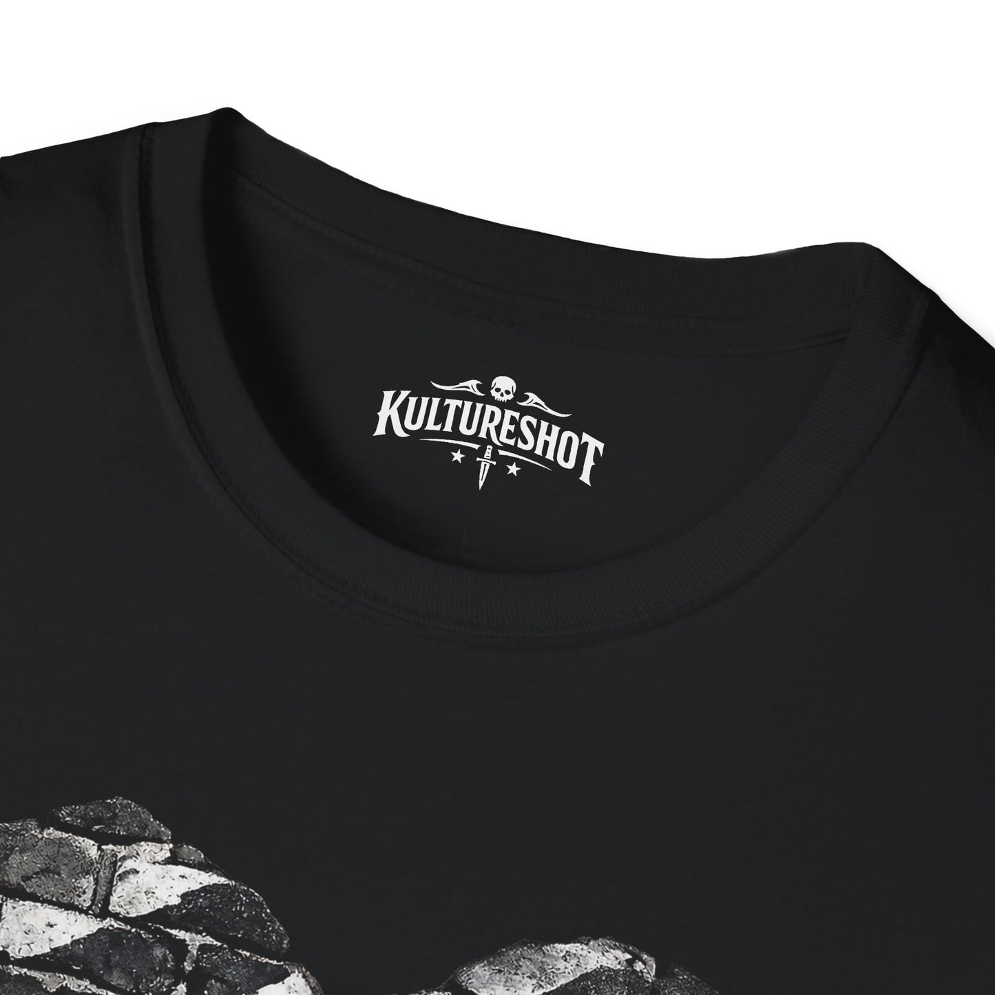Black t-shirt with 'KultureShot' logo on a white background