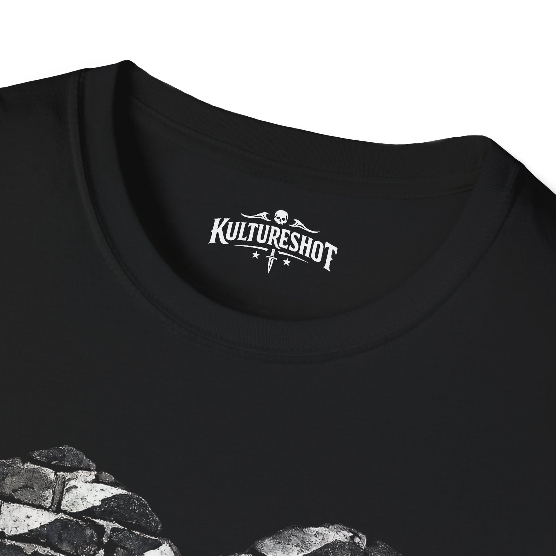 Black t-shirt with 'KultureShot' logo on a white background