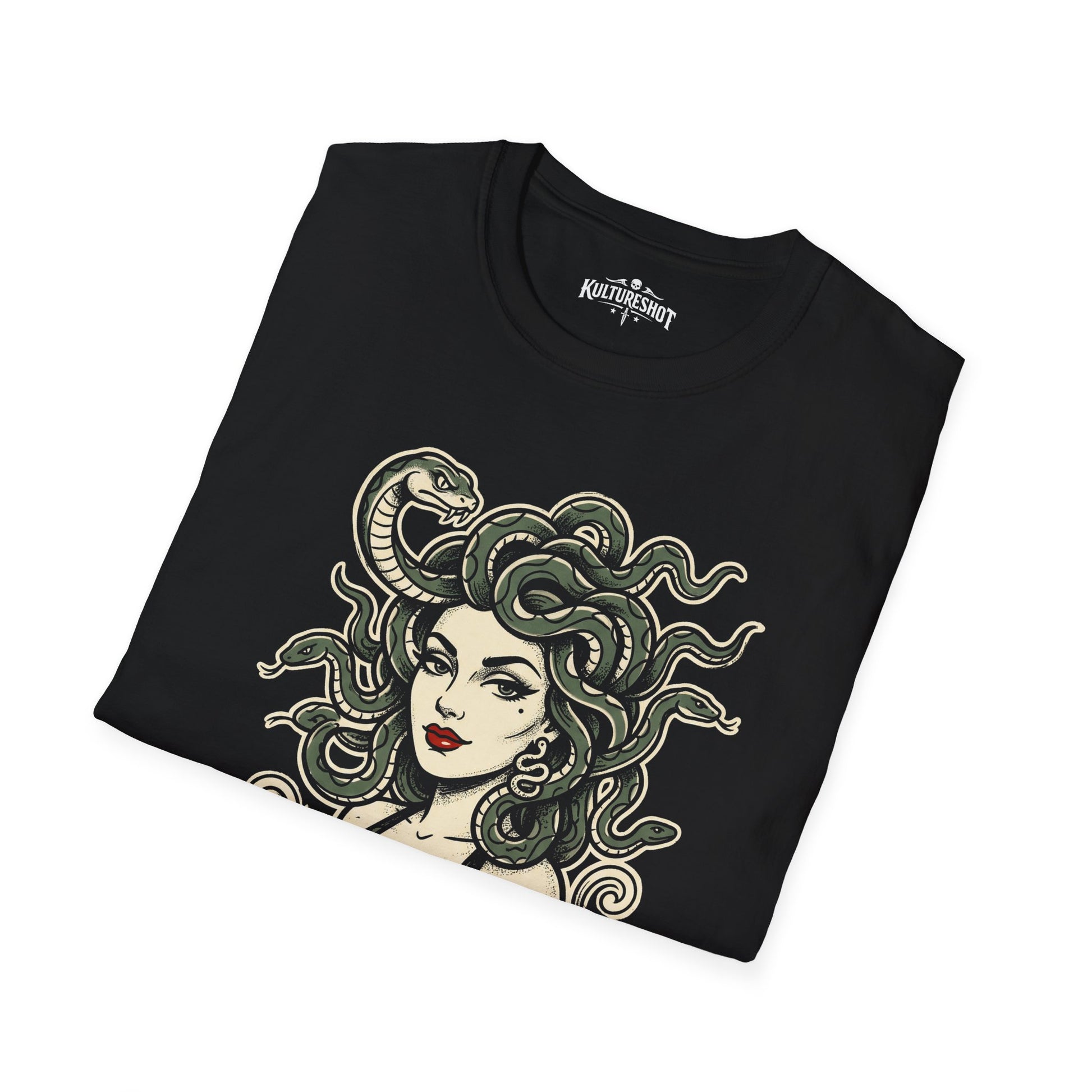 Black t-shirt with Medusa graphic design on a white background