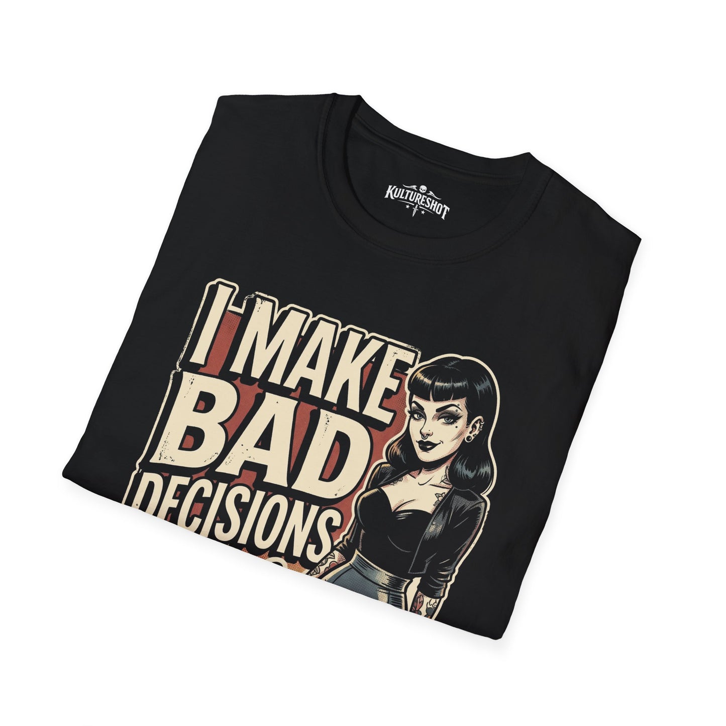 Black t-shirt with graphic design and text on a white background