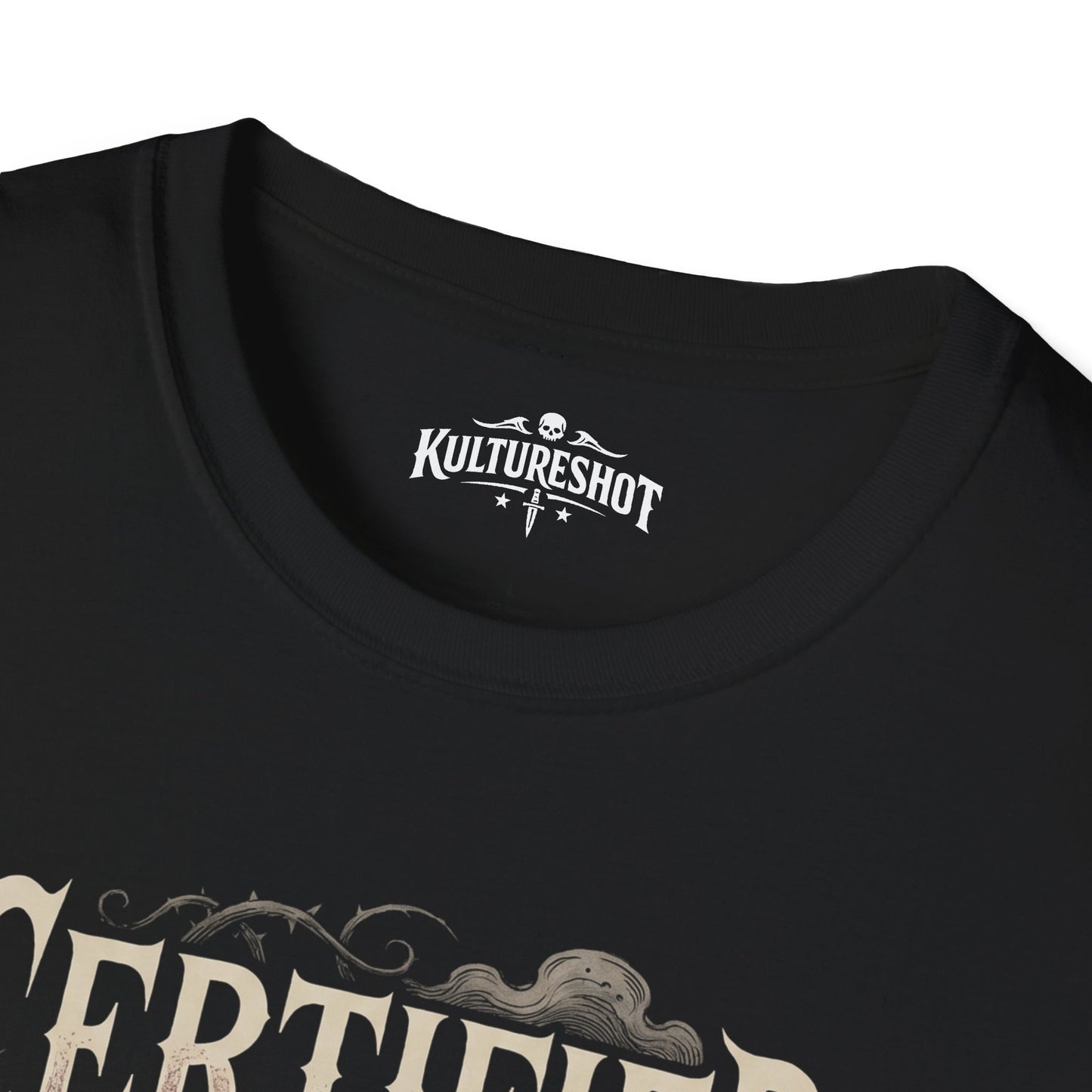 Black t-shirt with 'KultureShot' logo on a white background