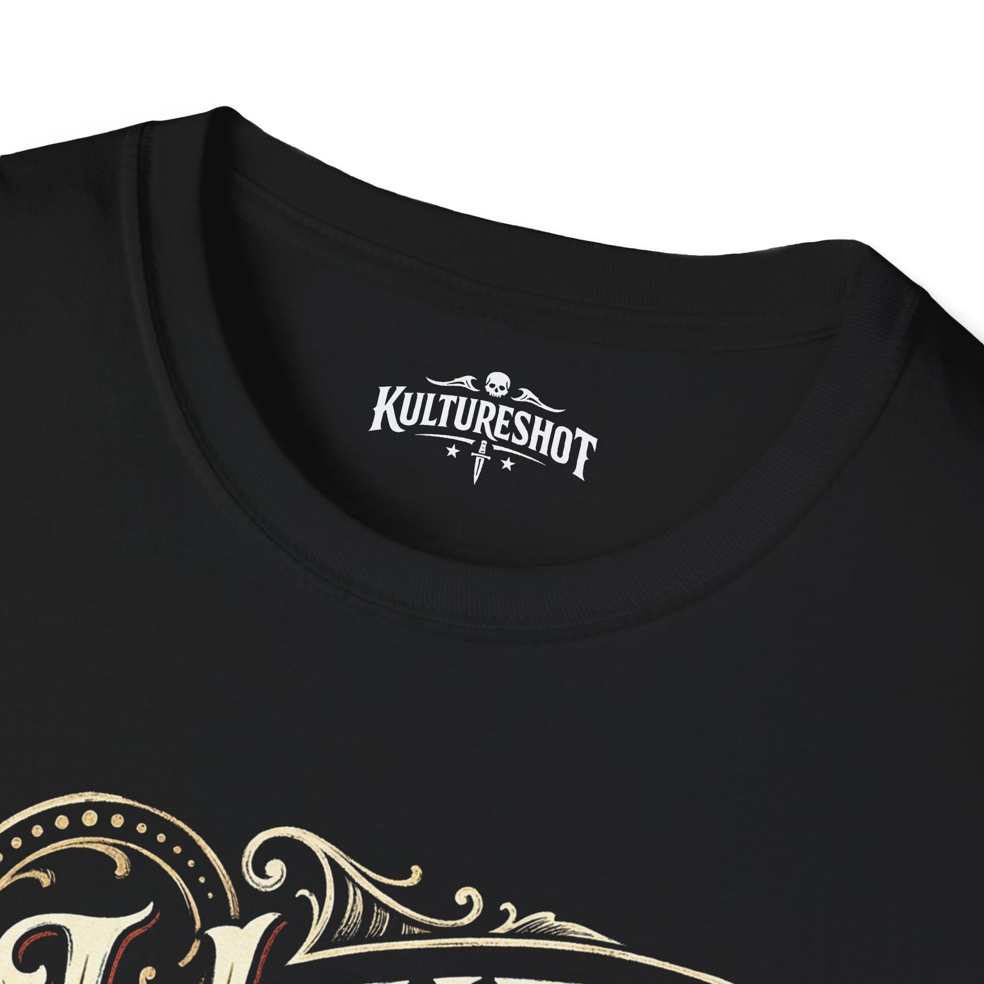 Black t-shirt with a white logo on the collar