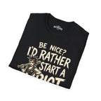 Folded black t-shirt with a white graphic design on a white background