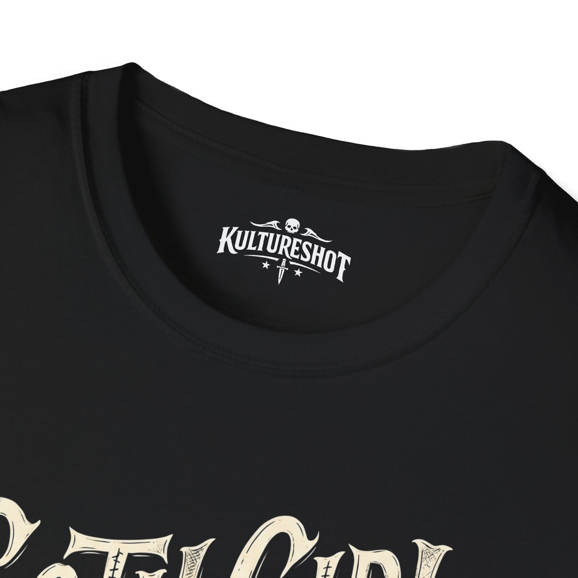 Black t-shirt with white text and 'kultureshot' brand logo on a white background