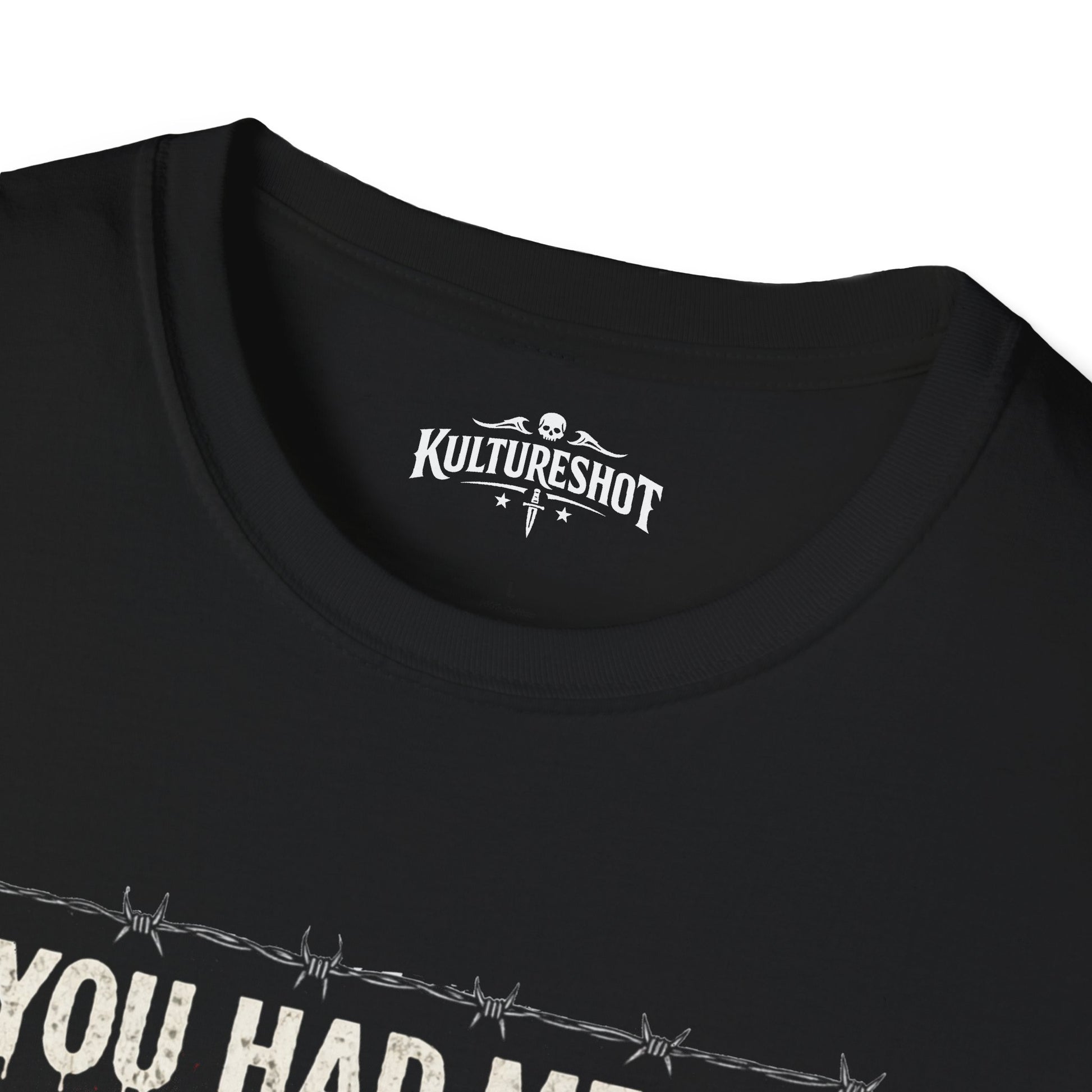 Black t-shirt with 'KultureShot' logo and barbed wire graphic