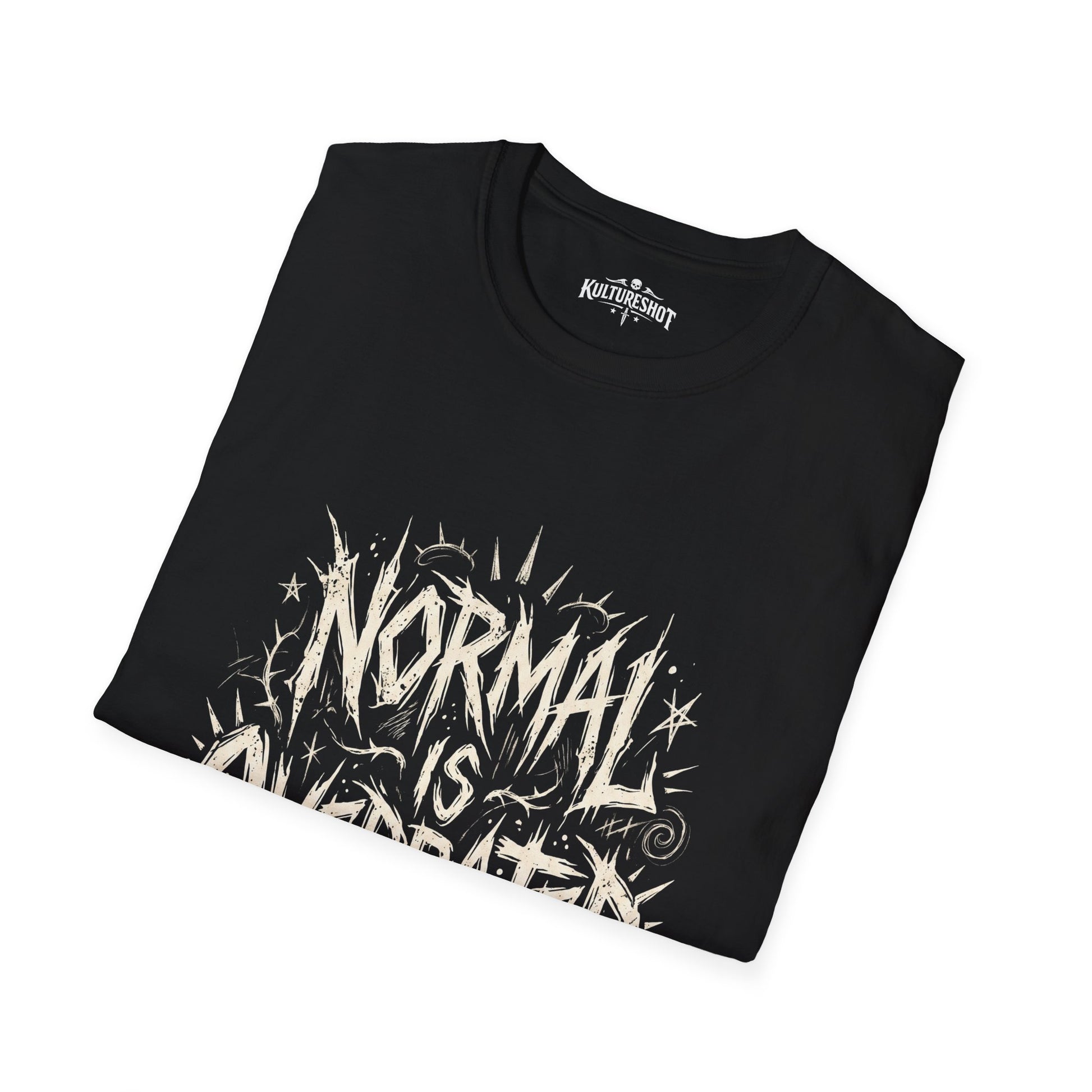Black t-shirt with white graphic design on a white background