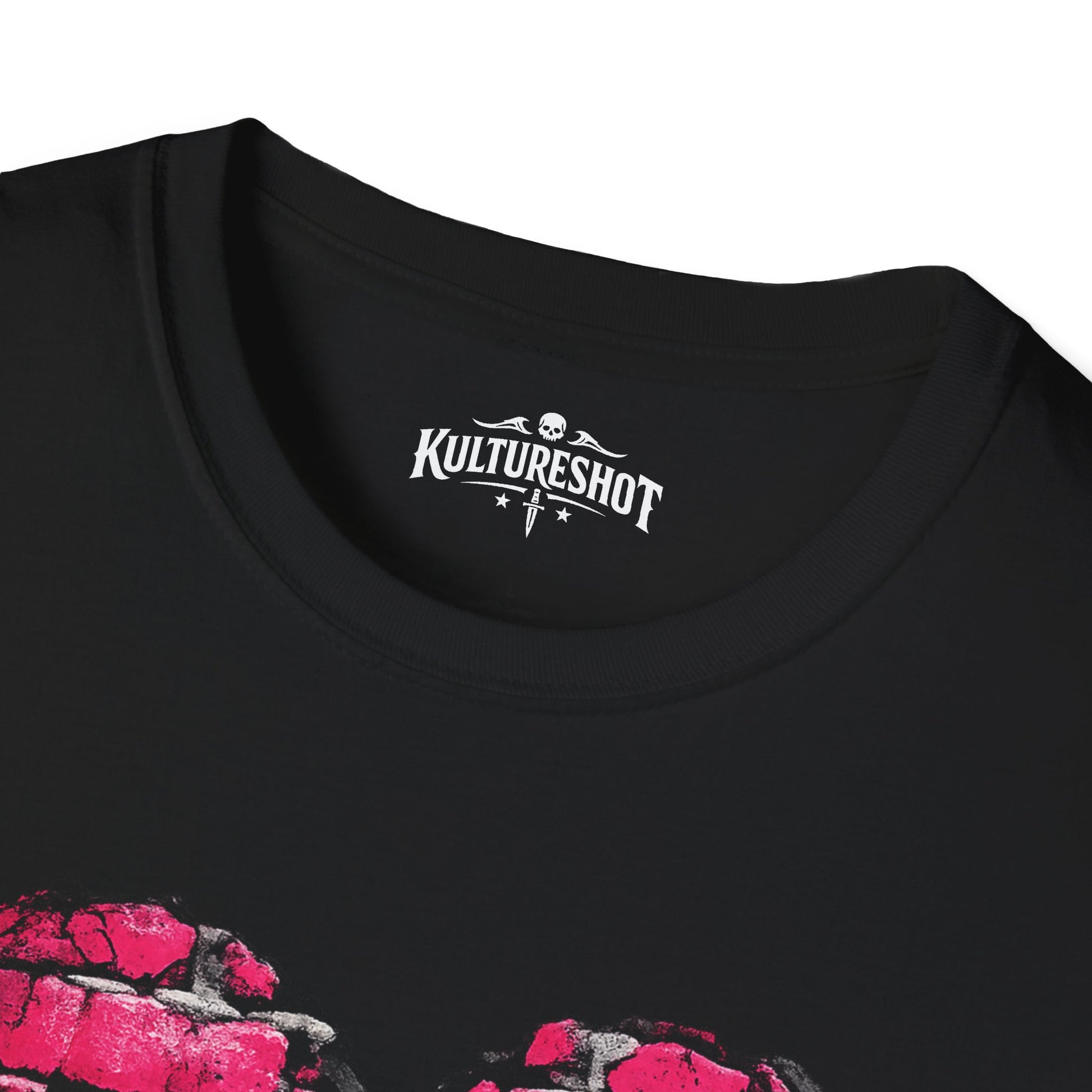 Black t-shirt with pink graphic design and 'KultureShot' logo on a white background