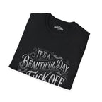 Black t-shirt with white text design on a white background