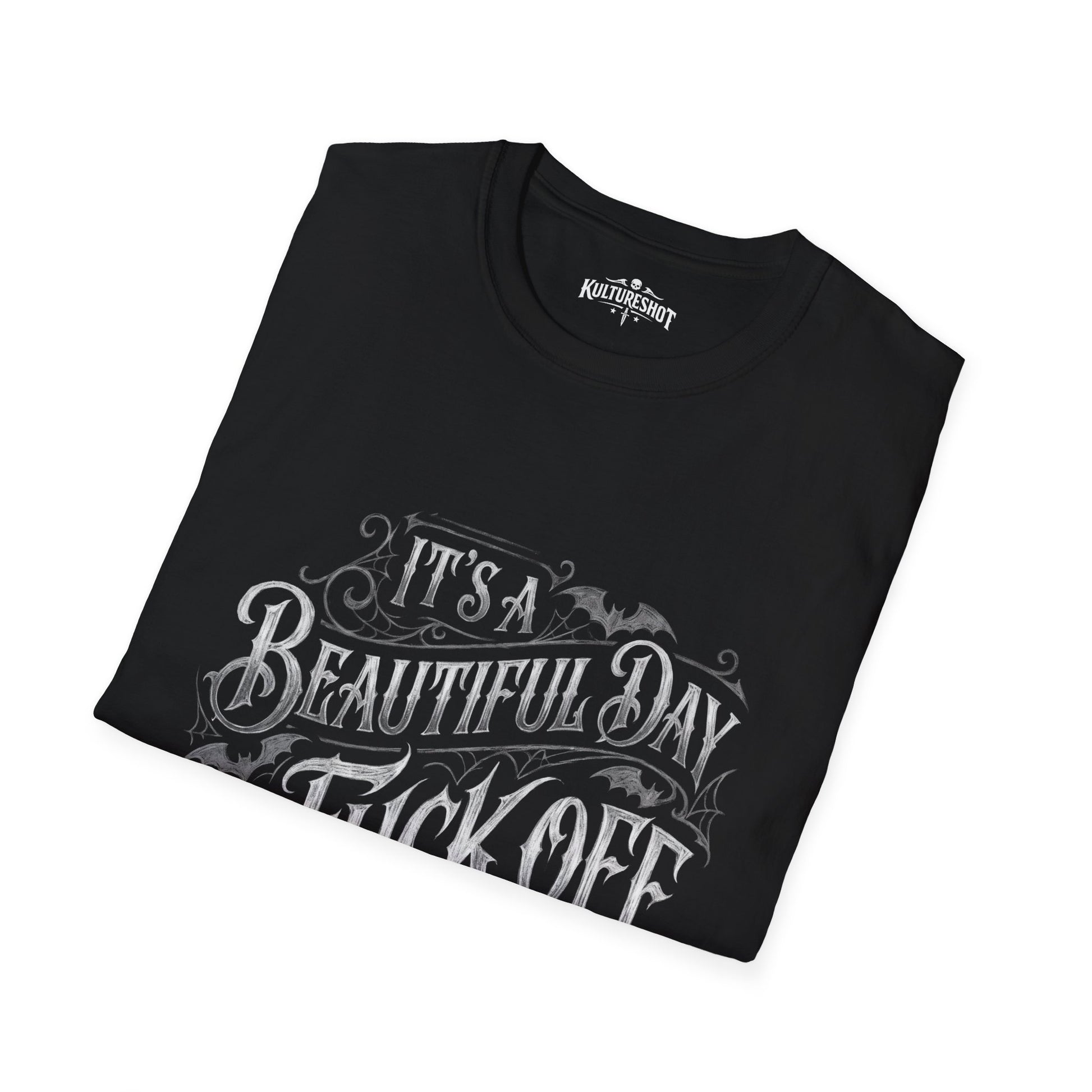 Black t-shirt with white text design on a white background