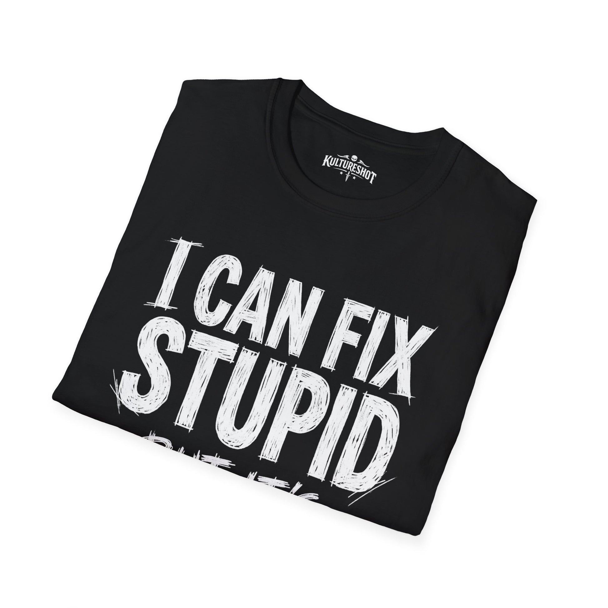 Black t-shirt with humorous text design on a white background