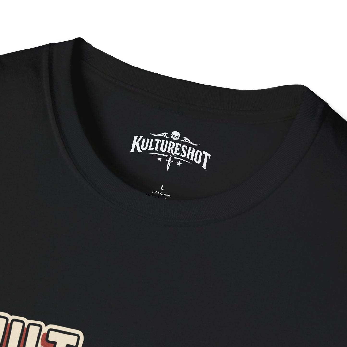 Black t-shirt with 'KultureShot' logo on a white background