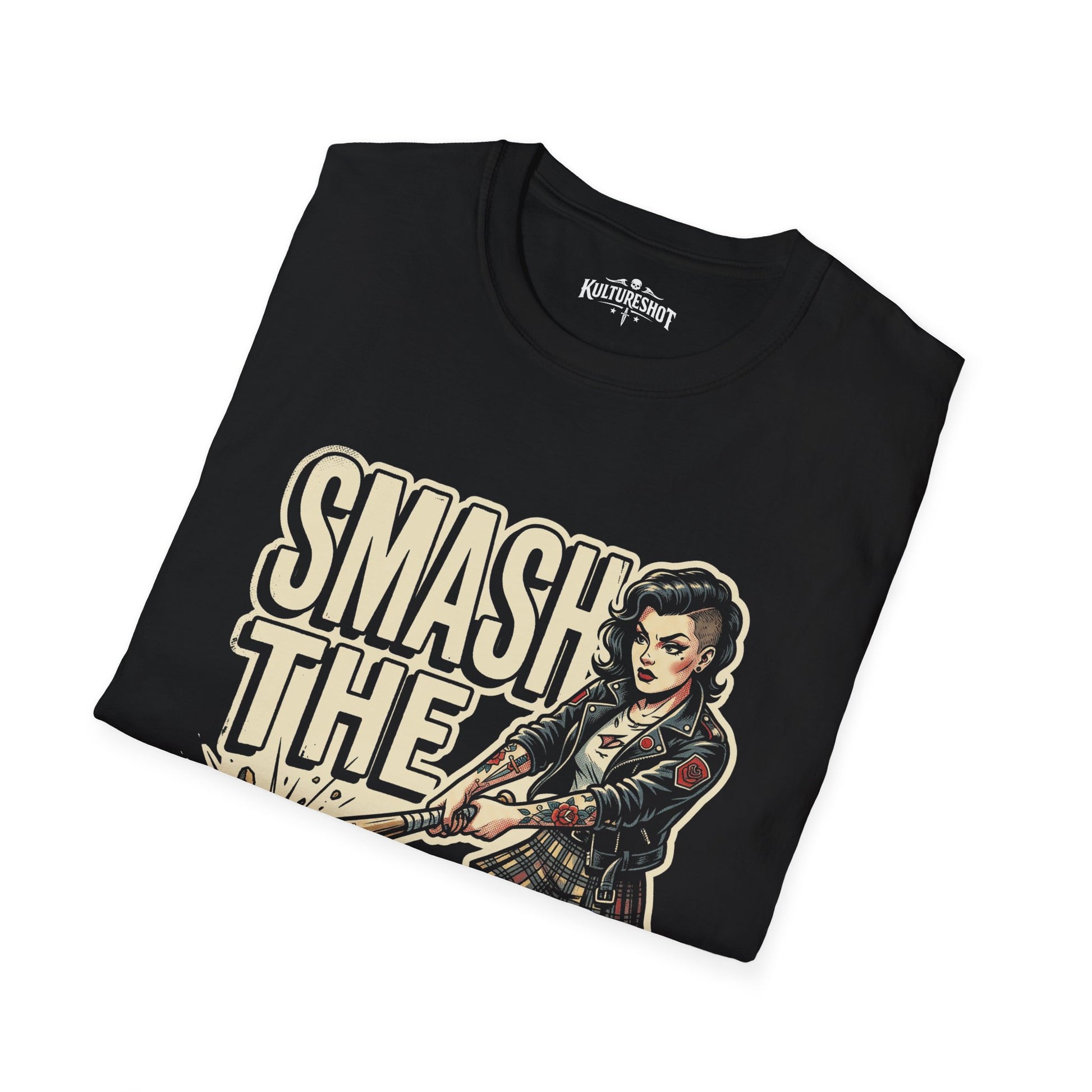 Black t-shirt with graphic design and text 'SMASH THE' on a white background