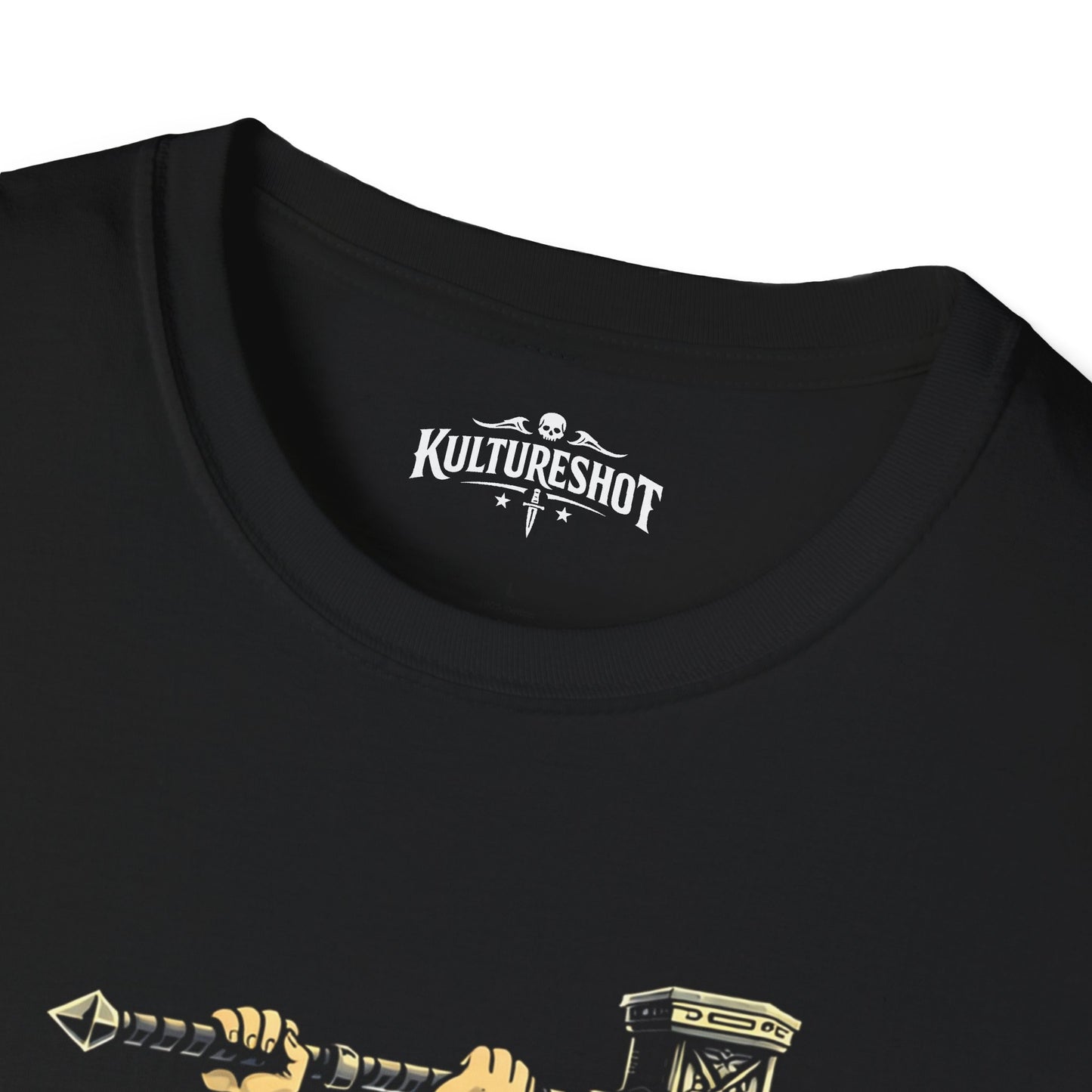 Black t-shirt with 'kultureshot logo on a white background