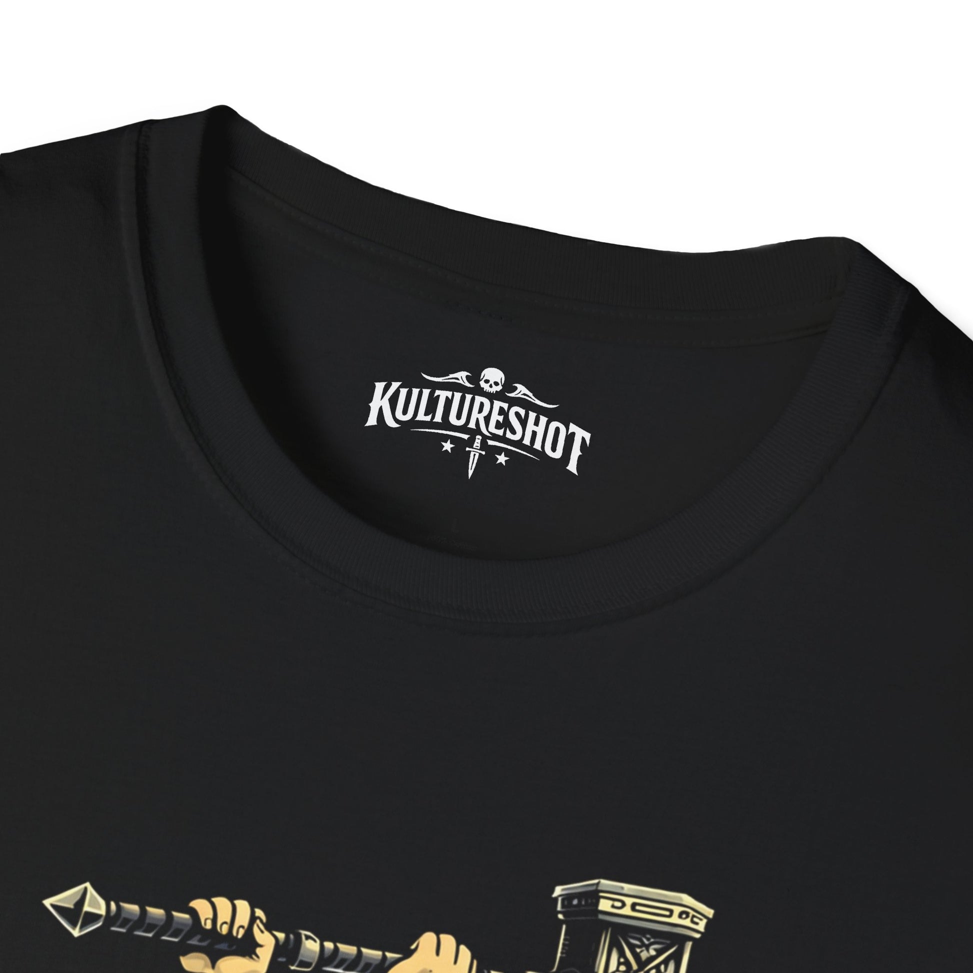 Black t-shirt with 'kultureshot logo on a white background