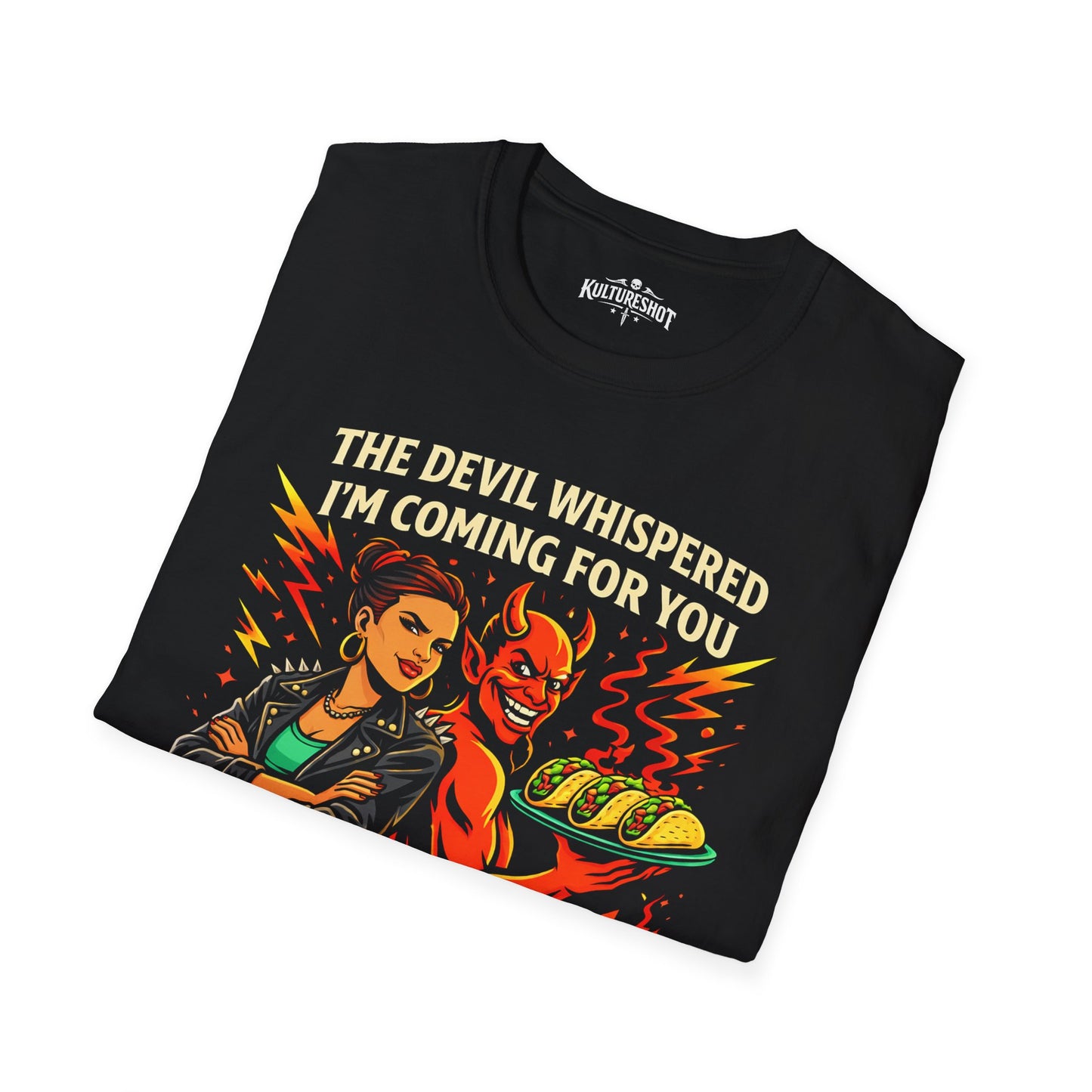 Black t-shirt with graphic design and text on a white background